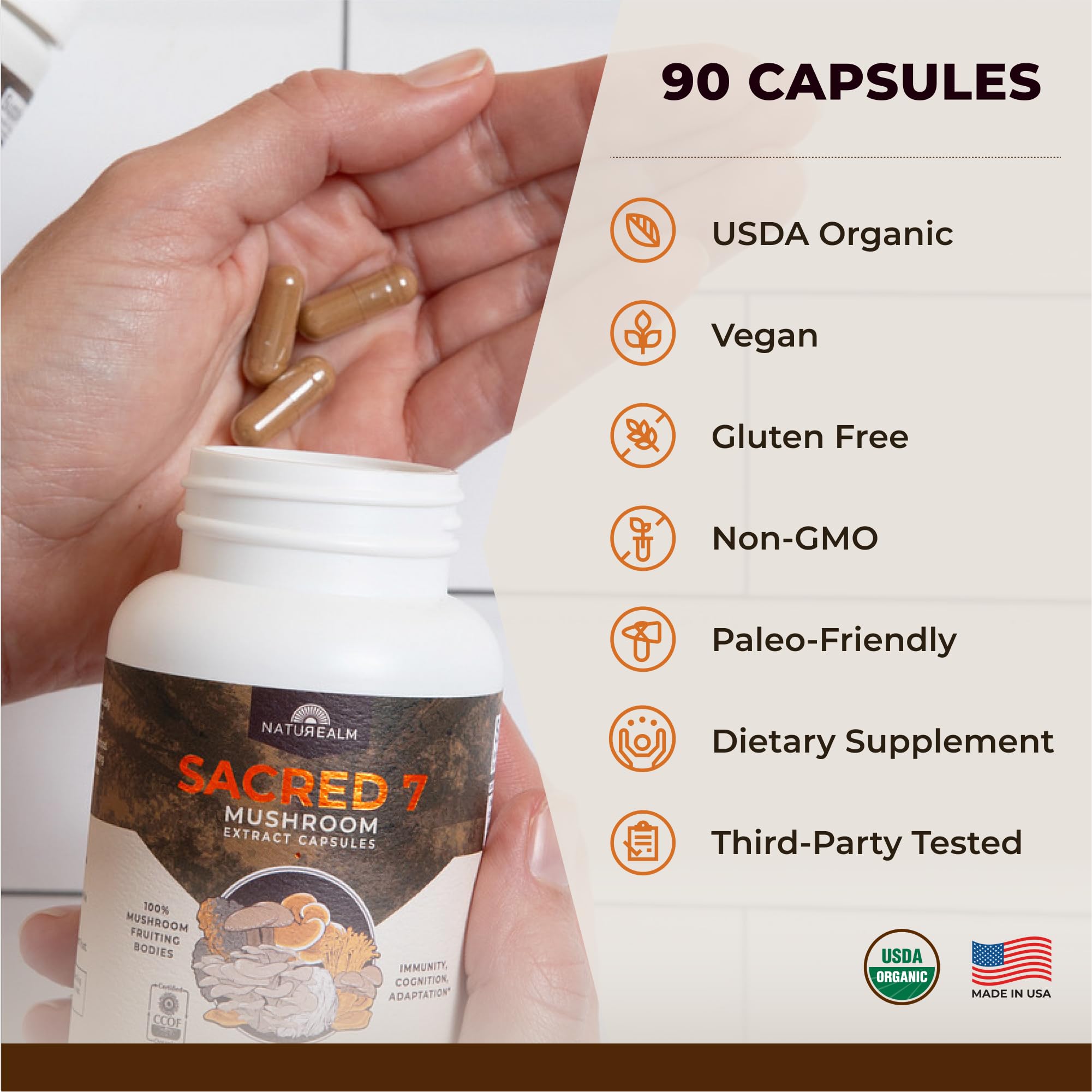 Naturealm Sacred 7 Mushroom 7-in-1 Blend Capsules Supplement (30 Day Supply) | Supports Daily Immune Defense & Focus | Lions Mane, Reishi, Chaga & More | Organic, Premium 100% Fruiting Body Extract