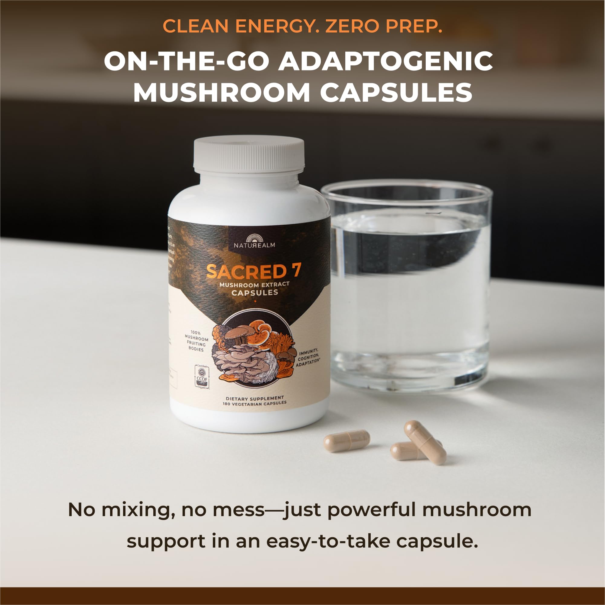 Naturealm Sacred 7 Mushroom 7-in-1 Blend Capsules Supplement (30 Day Supply) | Supports Daily Immune Defense & Focus | Lions Mane, Reishi, Chaga & More | Organic, Premium 100% Fruiting Body Extract