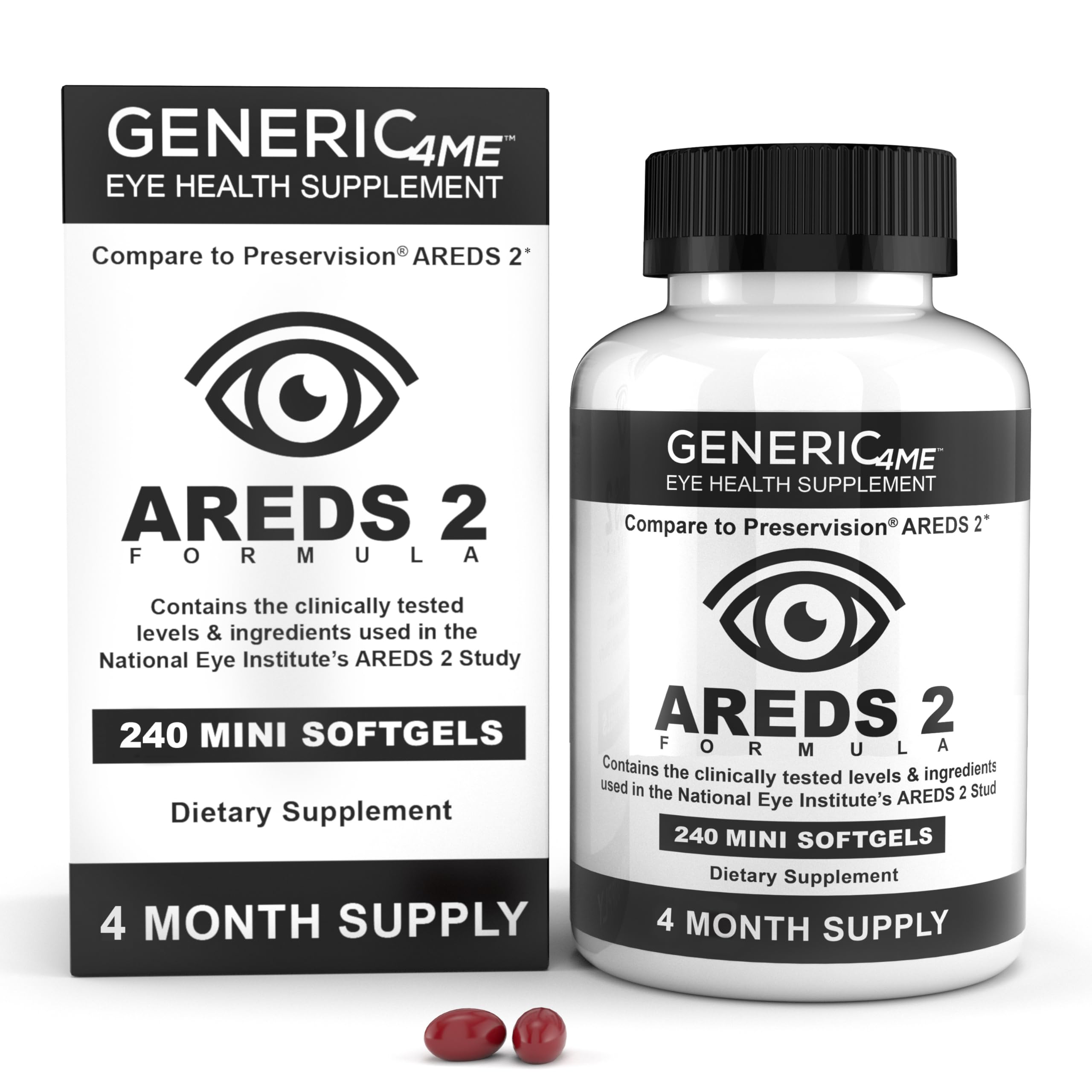 Generic4ME AREDS 2 SoftGels, 500 mg Vitamin C, 400 IU Vitamin E, 10 mg Lutein, 2 mg Zeaxanthin, 80 mg Zinc, 2 mg Copper - Supports Eye Health - 240 Mini SoftGels (Four Month Supply)