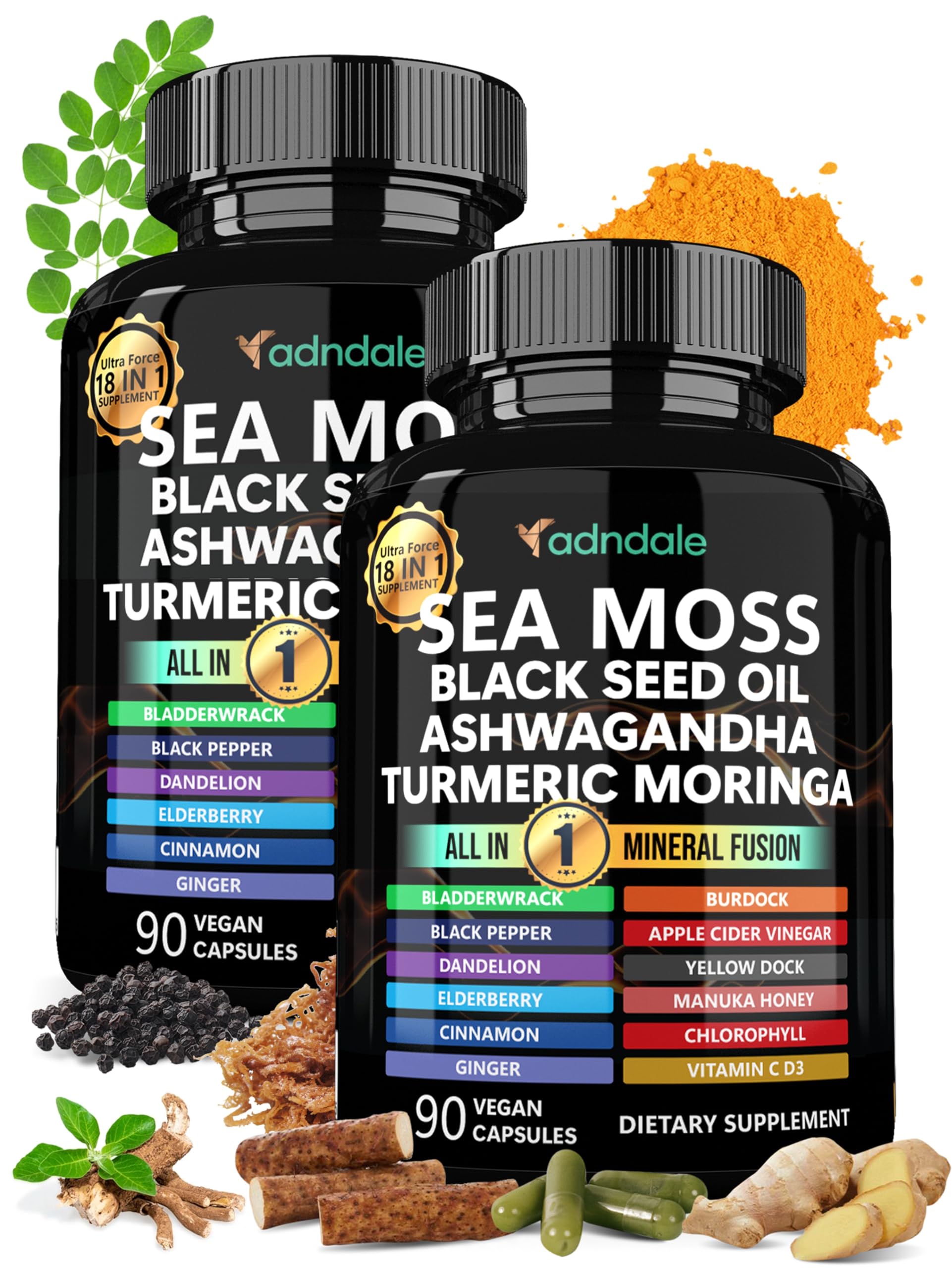 Adndale Sea Moss Capsules - Sea Moss Blend with Ashwagandha, Turmeric & Black Seed Oil - 180 Count