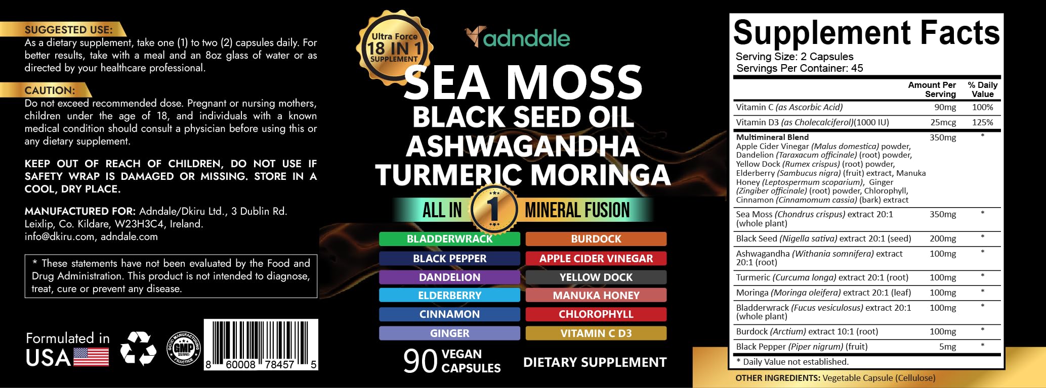 Adndale Sea Moss Capsules - Sea Moss Blend with Ashwagandha, Turmeric & Black Seed Oil - 180 Count