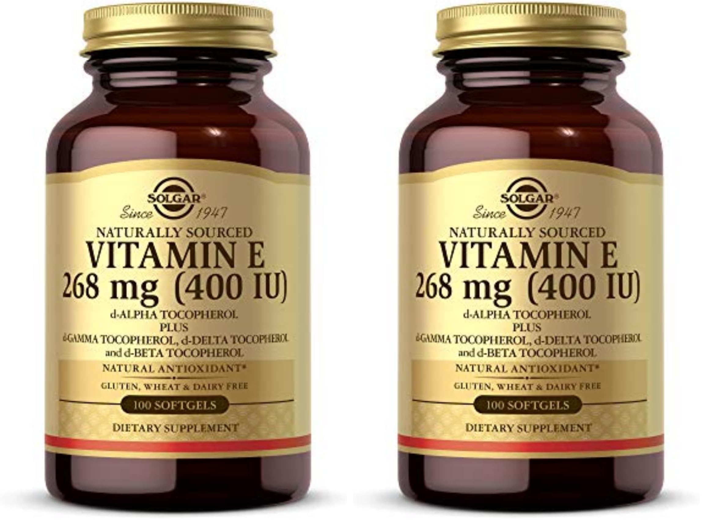 Solgar Vitamin E 268 MG (400 IU) (d-Alpha Tocopherol&Mixed Tocopherols),100 Softgels-Supports Immune System&Skin Nutrition-Natural Antioxidant-Gluten Free,Dairy Free-100 Servings,(Pack of 2)