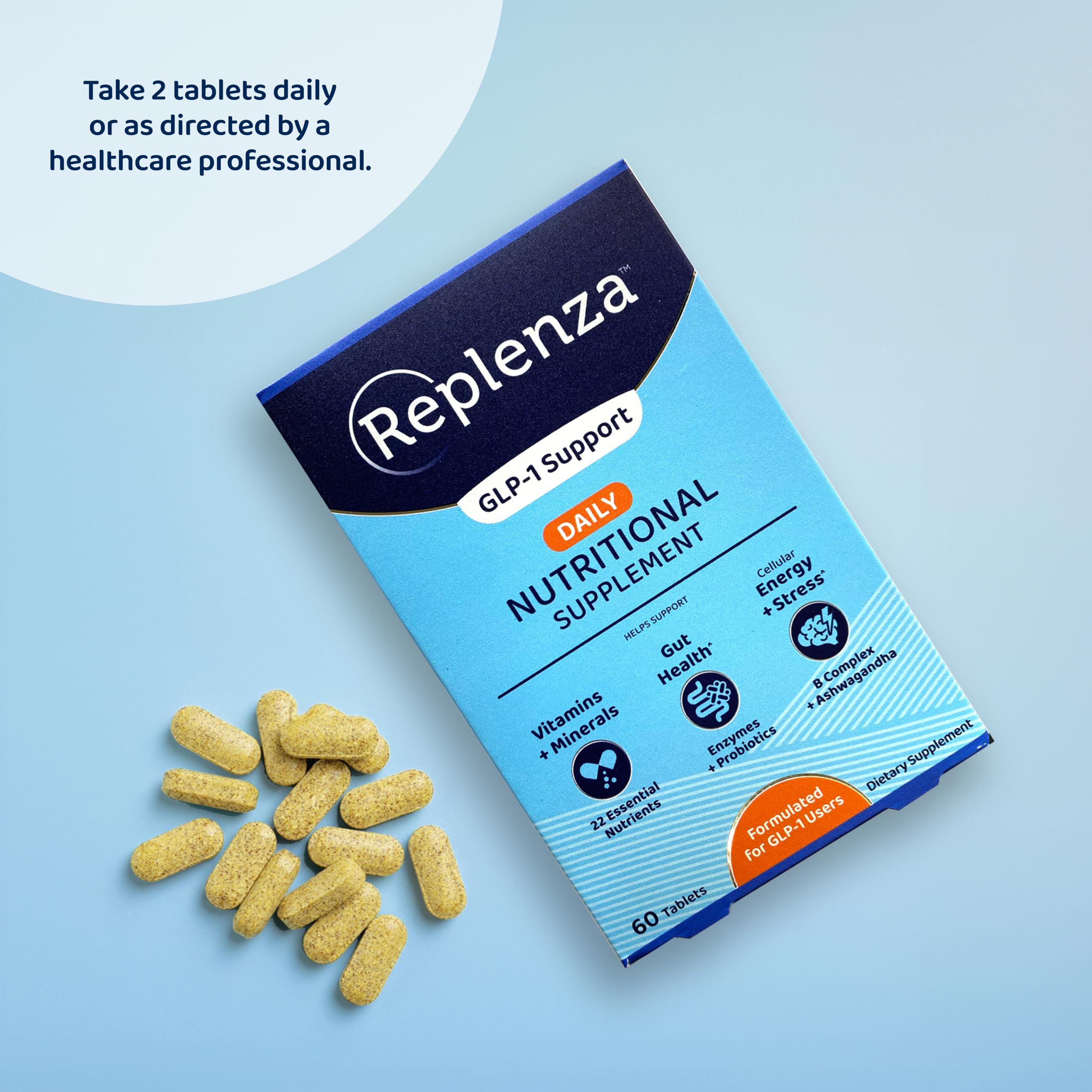 Replenza Daily GLP-1 Nutritional Support Supplement, Essential Vitamins and Minerals, Support for Gut Health, Stress and Cellular Energy – 60 Tablets, 2 Pack