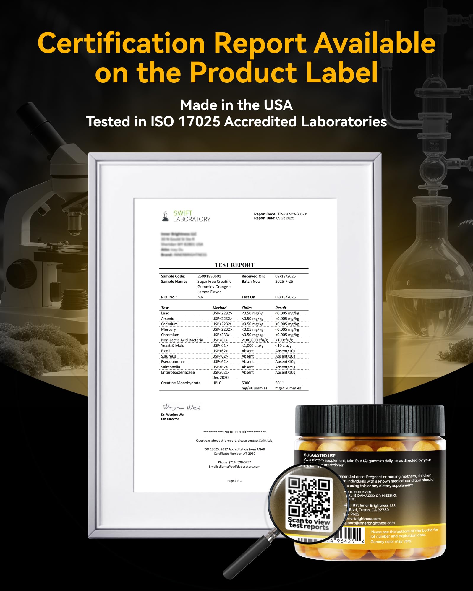 Inner Brightness Creatine Monohydrate Gummies for Men & Women 5000 mg, 3rd Party Tested, Creatine Chews for Muscle Growth, Strength & Energy Support, Sugar Free, Vegan, 120 Count, Orange Lemon