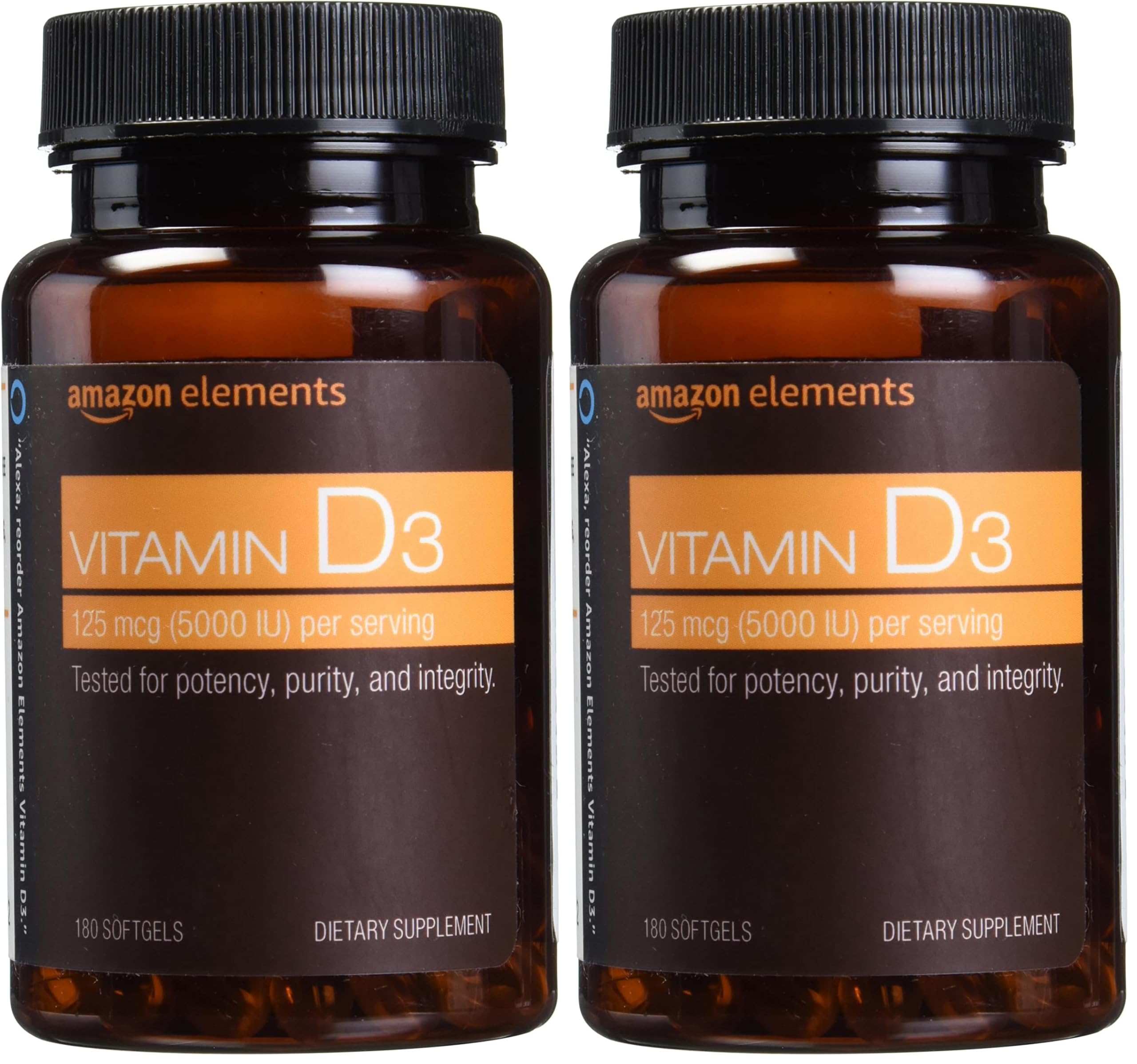 Amazon Elements Vitamin D3, 5000 IU, 180 Softgels, 6 Month Supply (Packaging May Vary), Supports Strong Bones and Immune Health (Pack of 2)