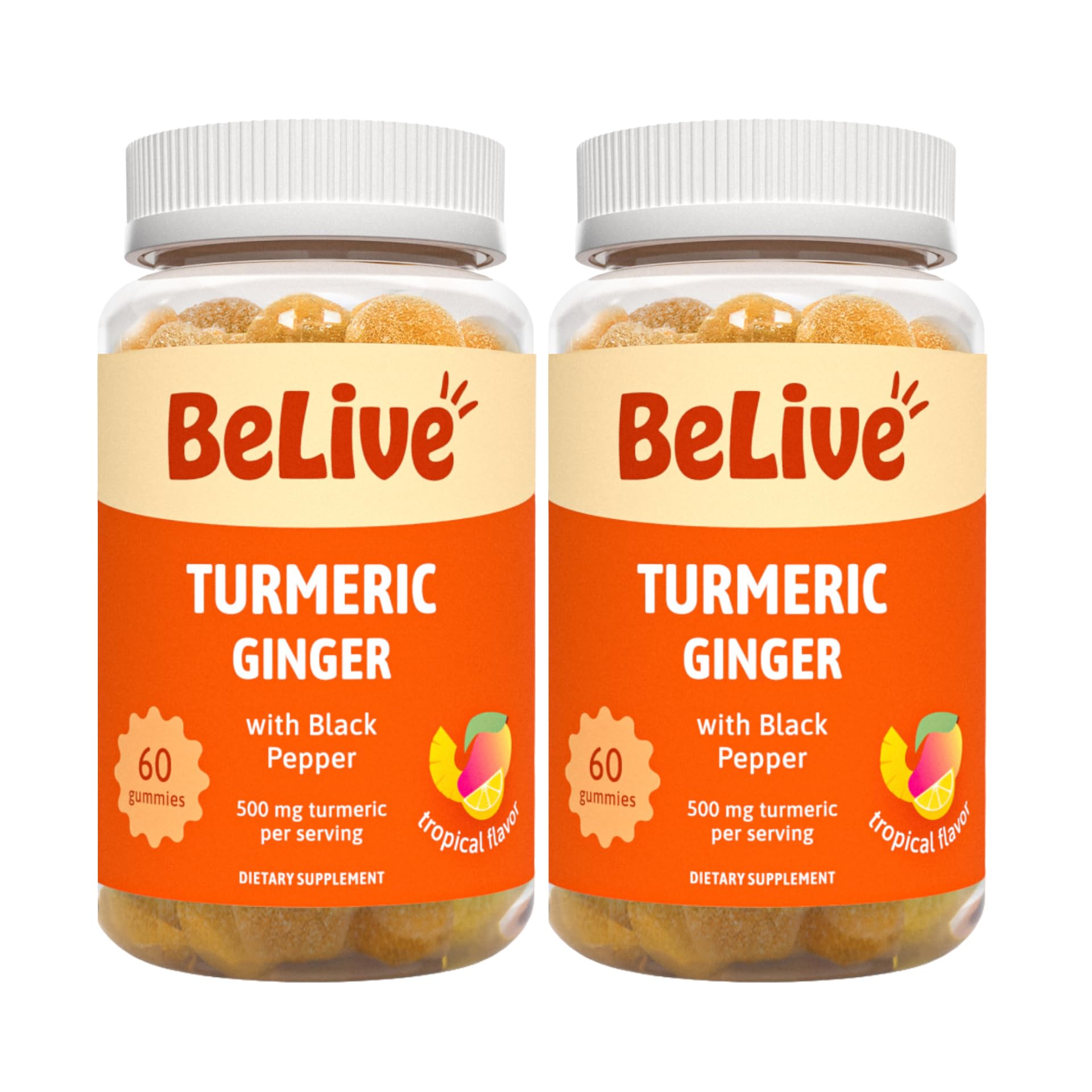 BeLive Turmeric Gummies - Curcumin with Black Pepper & Ginger Extract - 500 mg of Turmeric and Ginger Supplement for Immune Support, Healthy Skin, and Mobility - Tropical Flavor | 2 Pack
