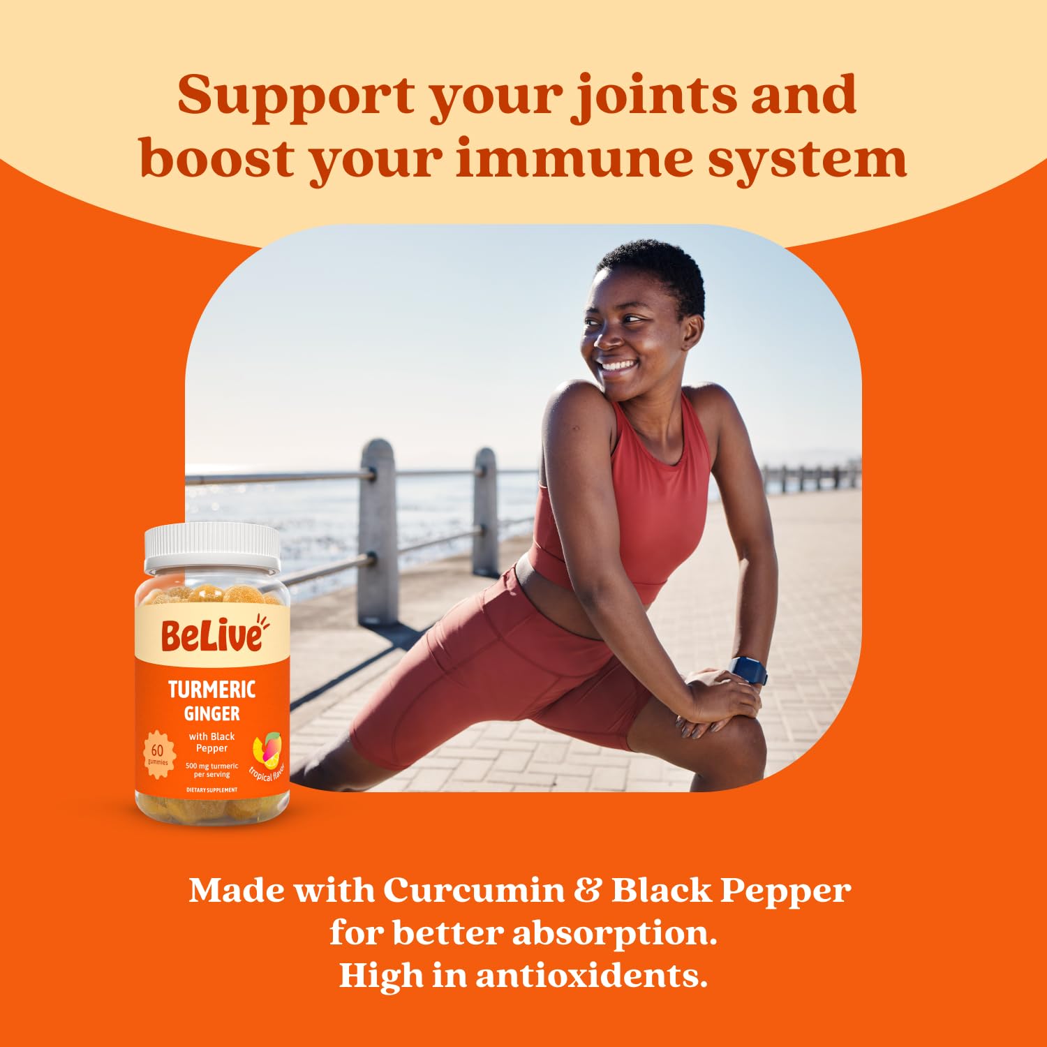 BeLive Turmeric Gummies - Curcumin with Black Pepper & Ginger Extract - 500 mg of Turmeric and Ginger Supplement for Immune Support, Healthy Skin, and Mobility - Tropical Flavor | 2 Pack