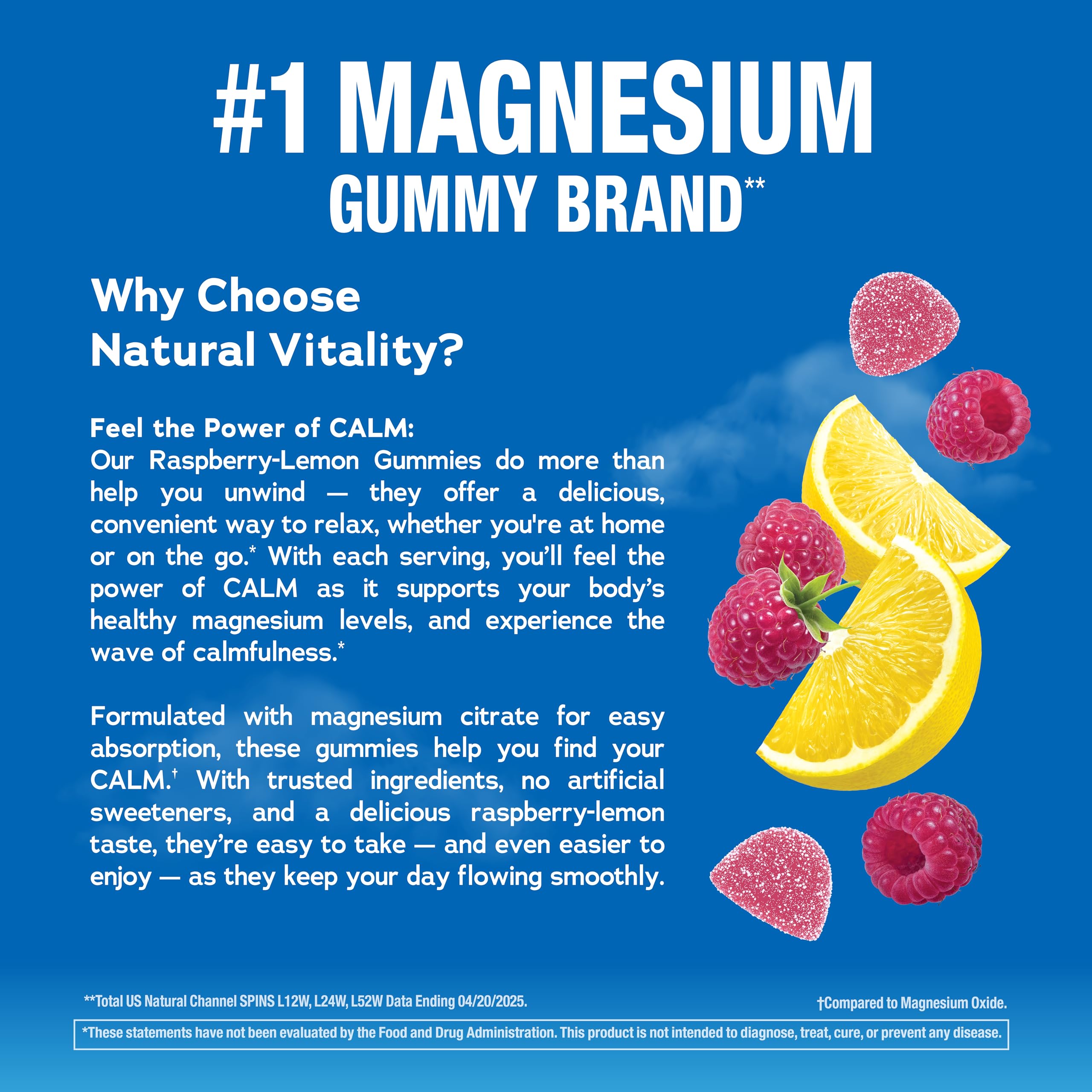 Natural Vitality Calm, Magnesium Citrate Supplement, Stress Relief Gummies, Supports a Healthy Response to Stress, Gluten Free, Vegan, Raspberry Lemon, 120 Gummies
