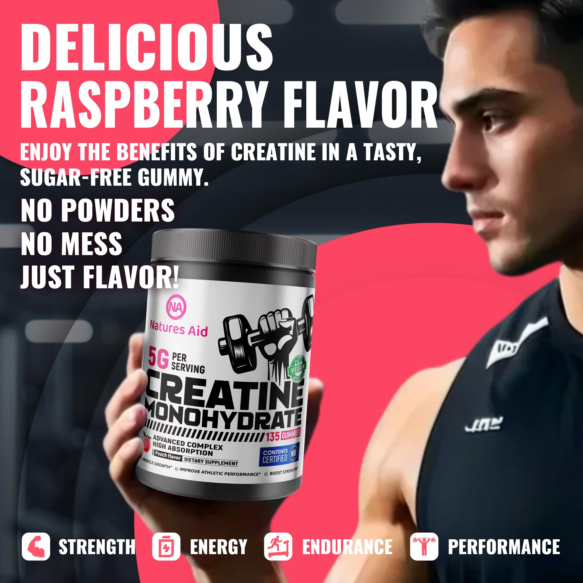 Natures Aid NSF Certified Creatine Gummy 5g - Creatine Monohydrate Gummies – Pre-Workout Energy & Muscle Growth Support for Men & Women | Peach Electrolyte Gummies (135 Count)