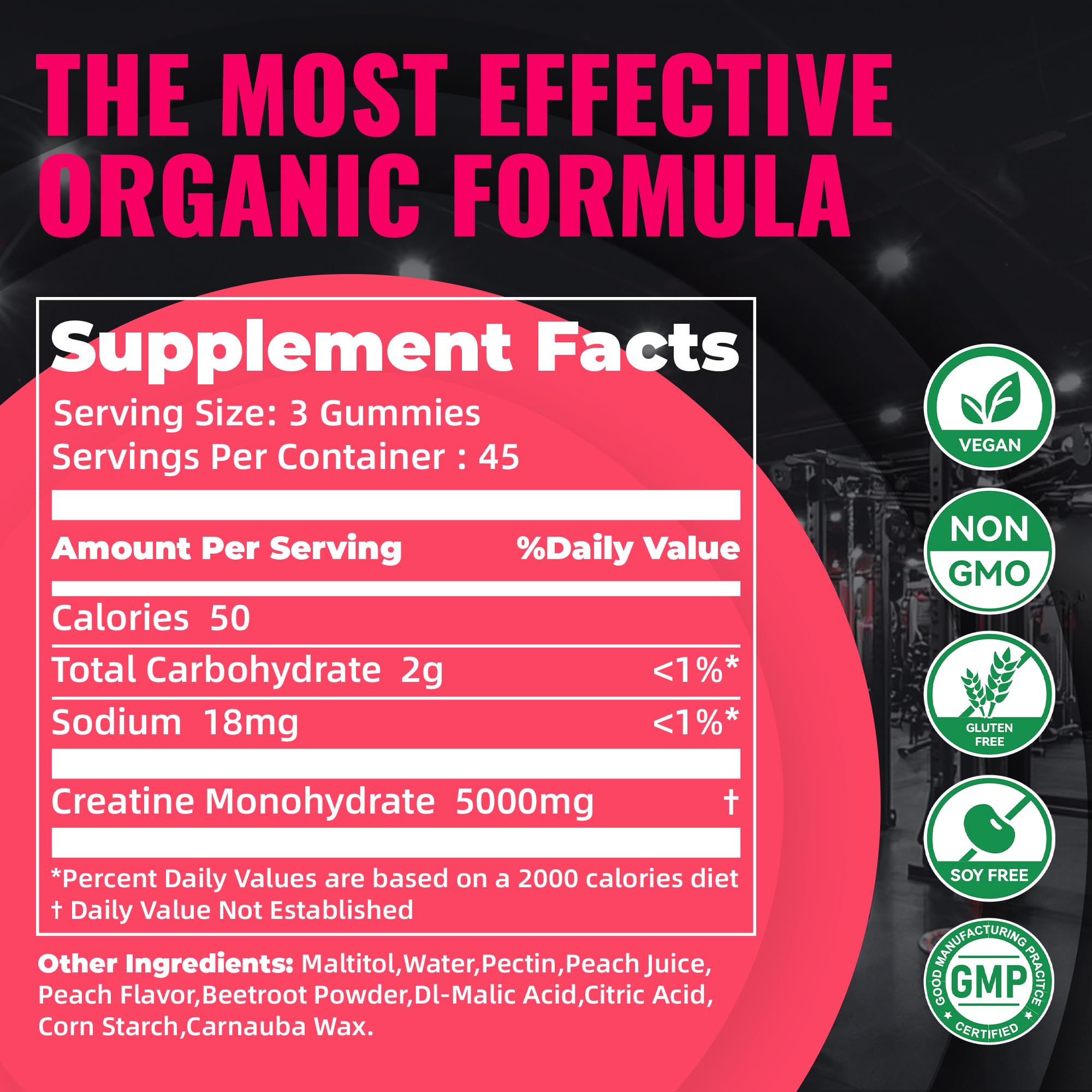 Natures Aid NSF Certified Creatine Gummy 5g - Creatine Monohydrate Gummies – Pre-Workout Energy & Muscle Growth Support for Men & Women | Peach Electrolyte Gummies (135 Count)