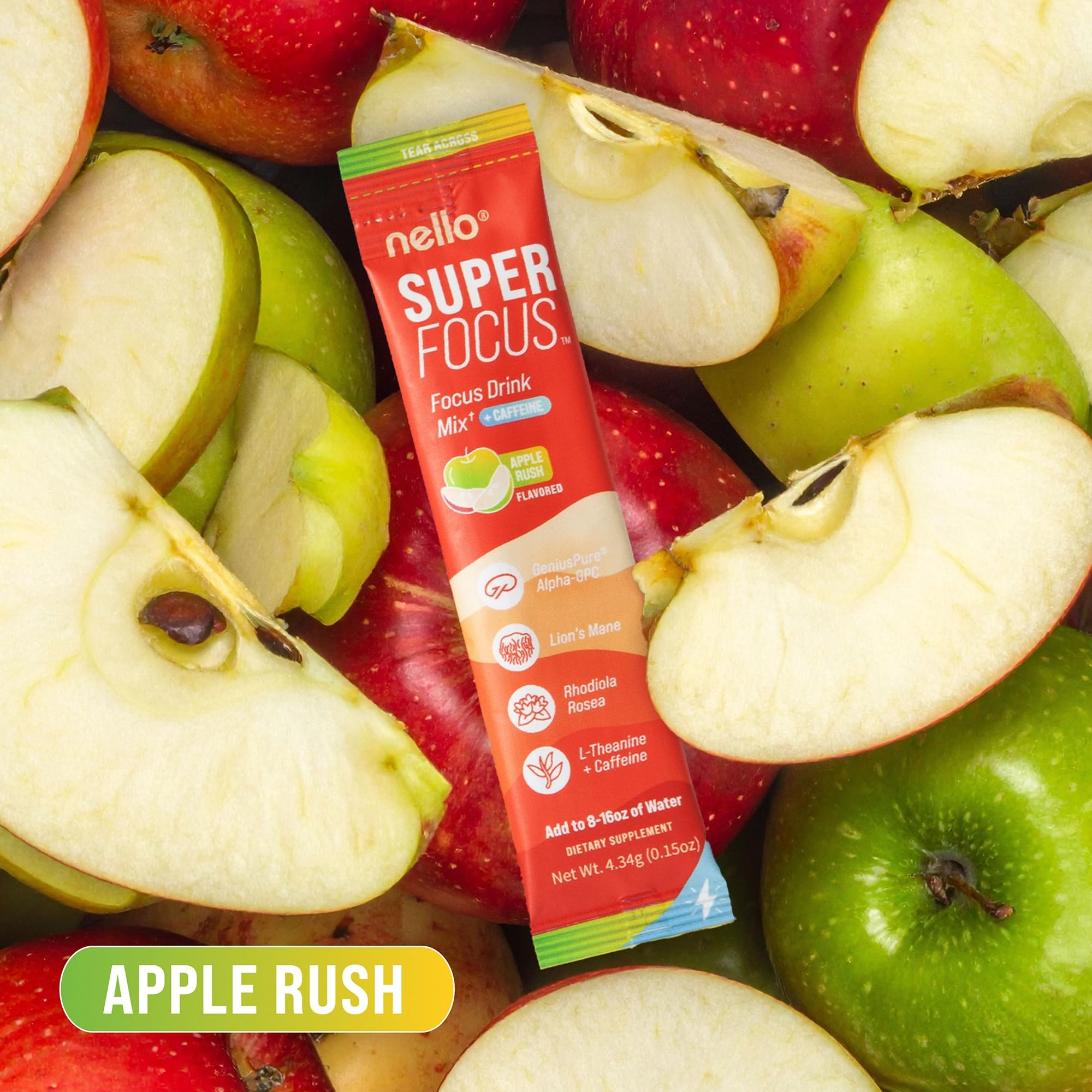 Nello Superfocus – Nootropic Focus Drink Mix for Productivity, Caffeine, L-Theanine, Rhodiola Rosea, Alpha-GPC, Lion’s Mane, Tyrosine, Sugar-Free Packets - With Caffeine (Pack of 20) (20 Servings (Caffeine), Apple Rush)