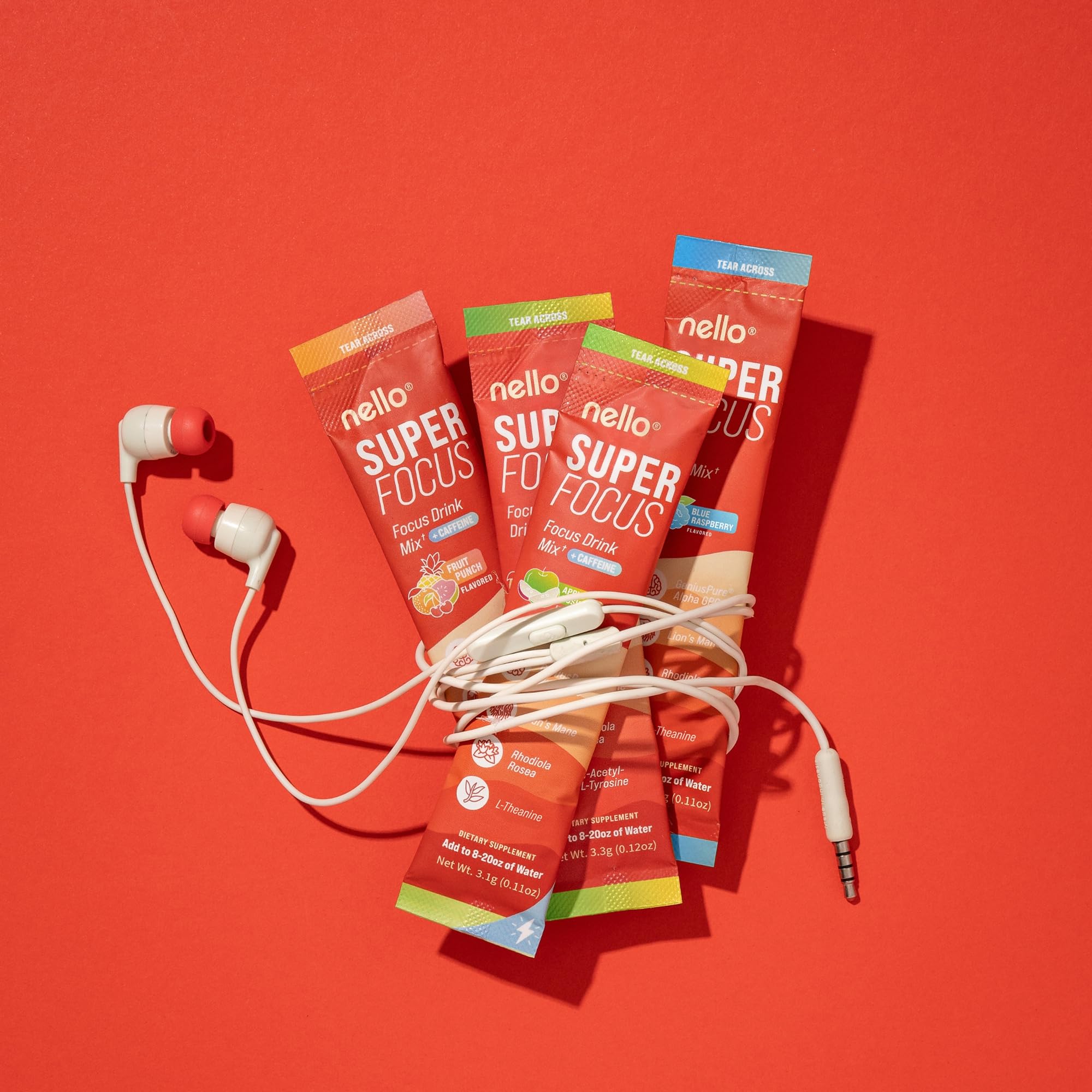 Nello Superfocus – Nootropic Focus Drink Mix for Productivity, Caffeine, L-Theanine, Rhodiola Rosea, Alpha-GPC, Lion’s Mane, Tyrosine, Sugar-Free Packets - With Caffeine (Pack of 20) (20 Servings (Caffeine), Apple Rush)