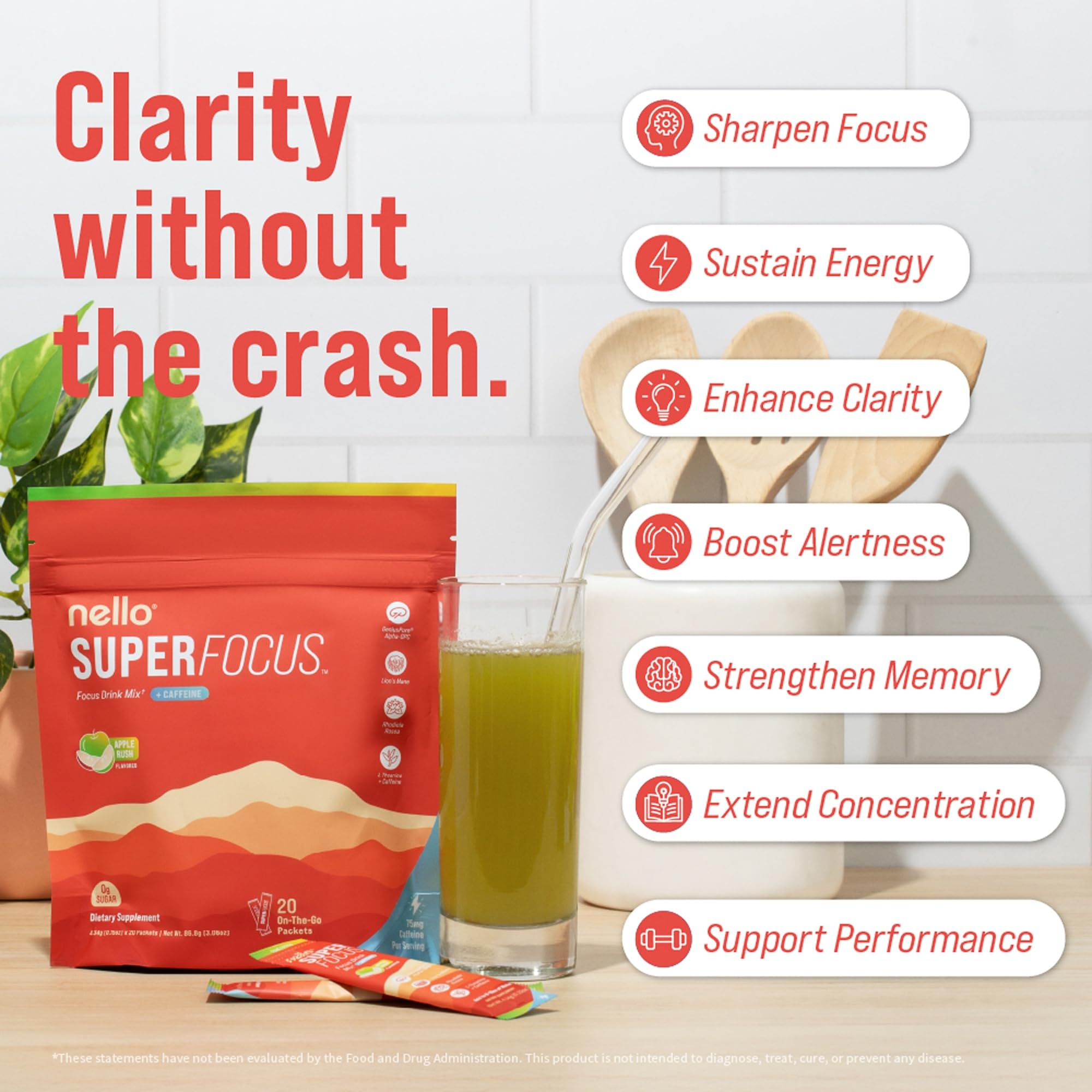 Nello Superfocus – Nootropic Focus Drink Mix for Productivity, Caffeine, L-Theanine, Rhodiola Rosea, Alpha-GPC, Lion’s Mane, Tyrosine, Sugar-Free Packets - With Caffeine (Pack of 20) (20 Servings (Caffeine), Apple Rush)