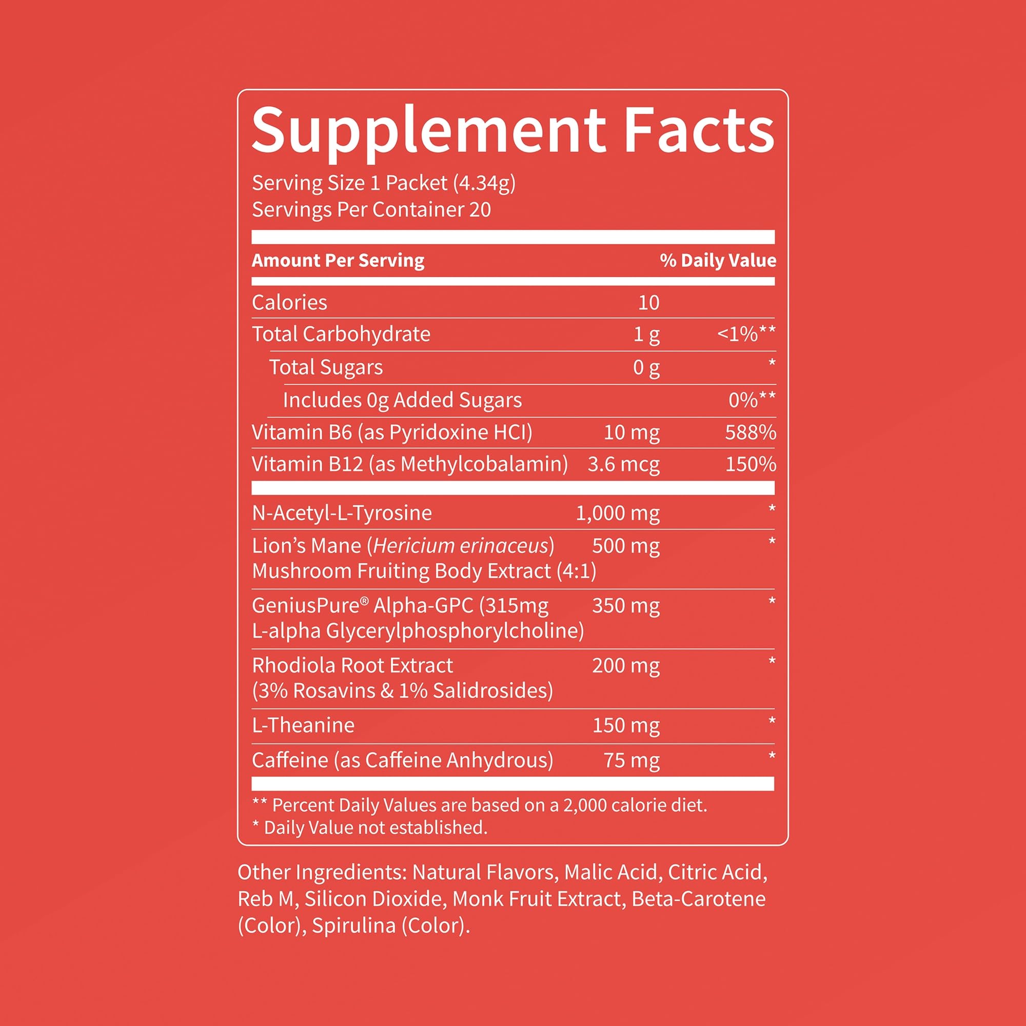 Nello Superfocus – Nootropic Focus Drink Mix for Productivity, Caffeine, L-Theanine, Rhodiola Rosea, Alpha-GPC, Lion’s Mane, Tyrosine, Sugar-Free Packets - With Caffeine (Pack of 20) (20 Servings (Caffeine), Apple Rush)