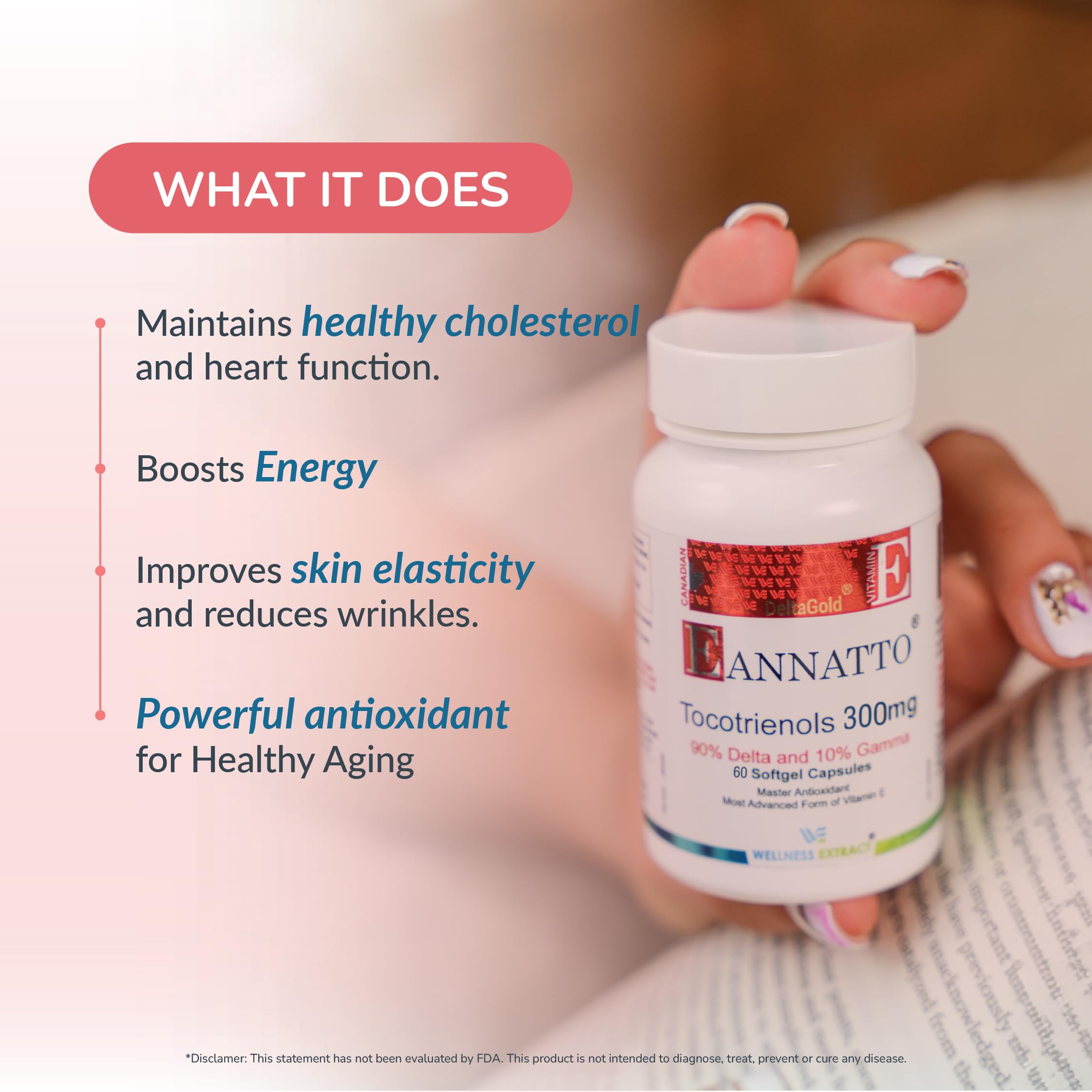 Wellness Extract Eannatto Tocotrienols Vitamin E Supplements Tocopherol Free, Supports Immune Health, Non-GMO, Gluten Free & Antioxidant (300MG 60 Softgels)