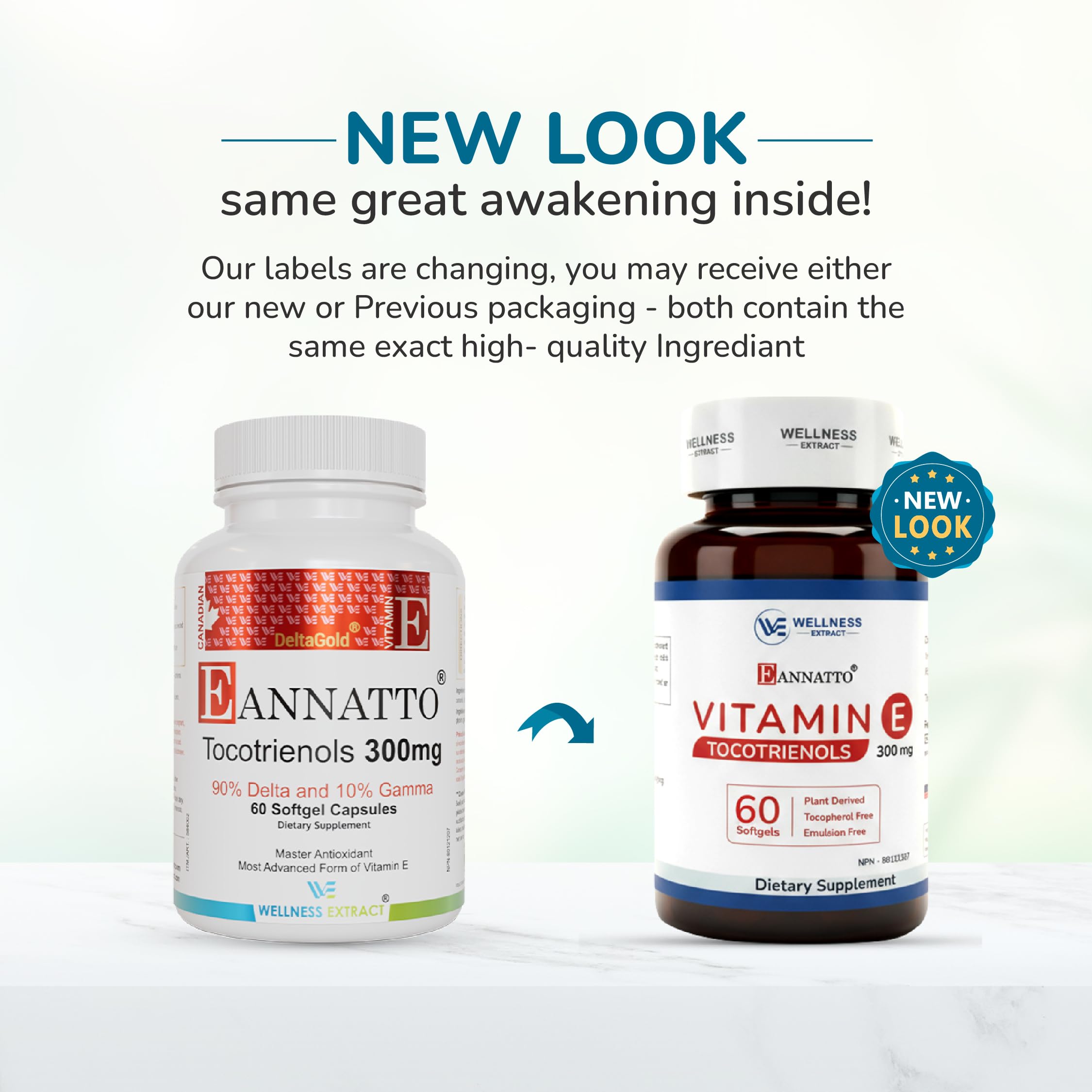 Wellness Extract Eannatto Tocotrienols Vitamin E Supplements Tocopherol Free, Supports Immune Health, Non-GMO, Gluten Free & Antioxidant (300MG 60 Softgels)