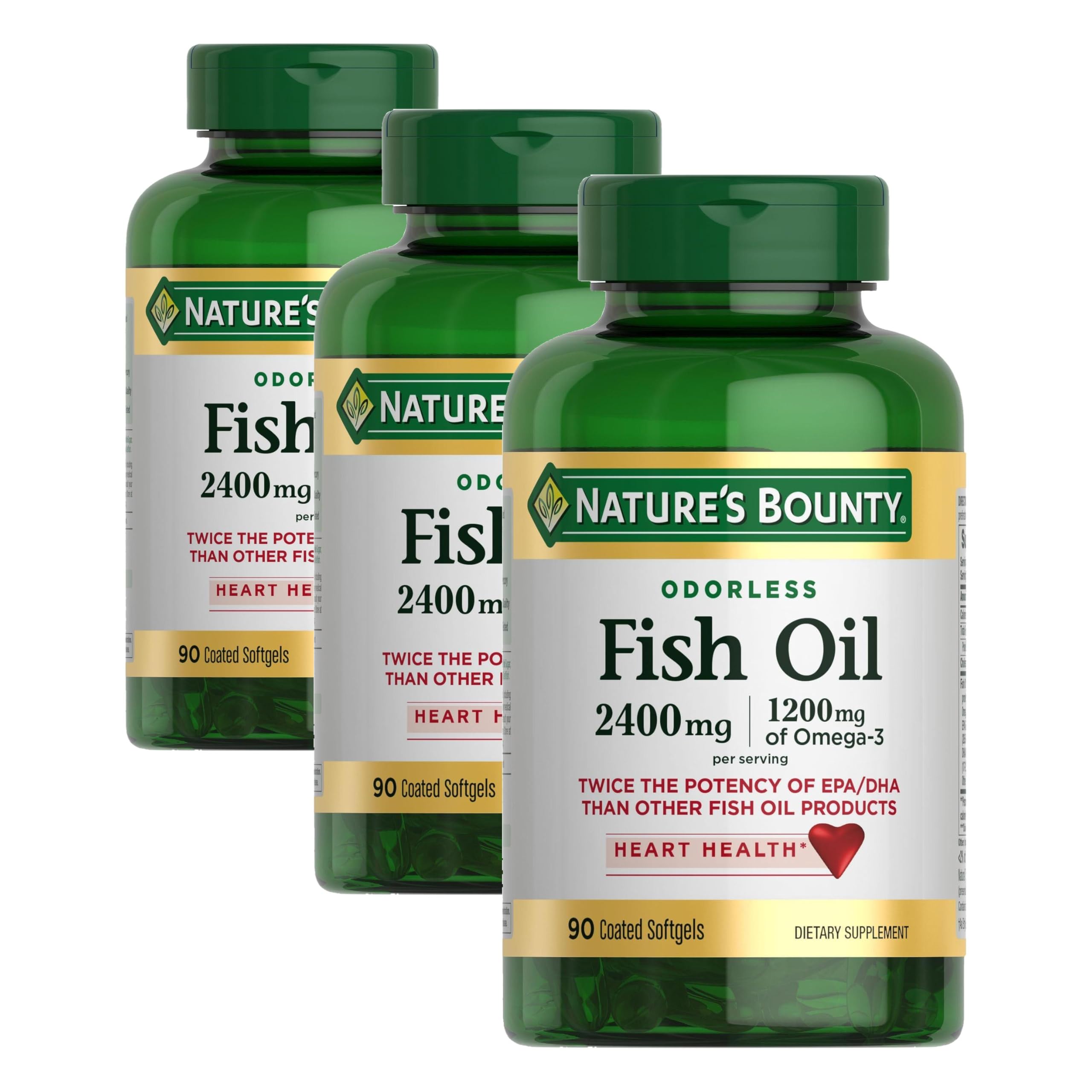 Nature's Bounty Odorless Fish Oil, 1200mg Omega-3 per Serving Including EPA & DHA, Supports Heart Health, Purified to Eliminate Mercury, Coated Softgels, Gluten Free, No Shellfish, 90 Ct (Pack of 3)