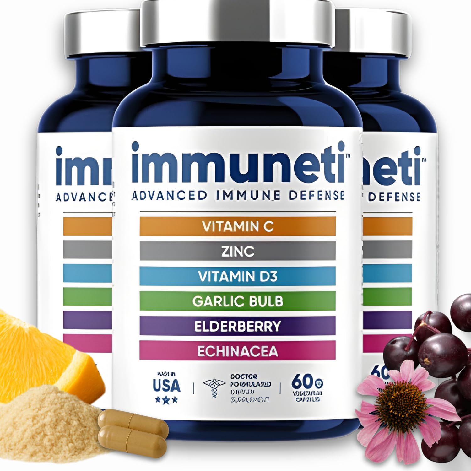 Immuneti Advanced Immune Support – Doctor Formulated 6-in-1 Daily Immunity Supplement – Made in USA – with Vitamin C, D3, Zinc, Elderberry, Garlic & Echinacea - Vital Nutrients & Antioxidants (3)