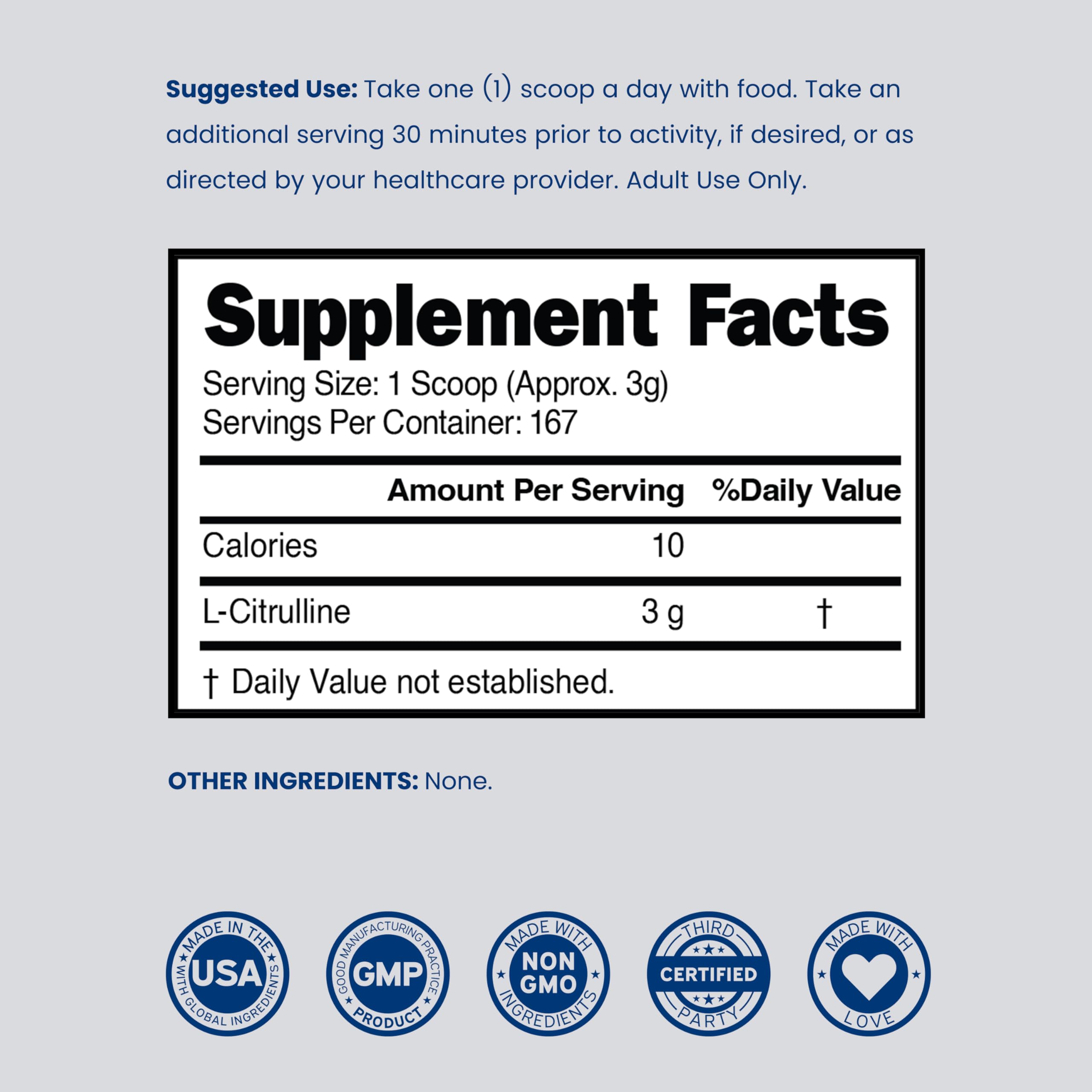 L Citrulline Powder Supplements (3g) Support L Arginine & Nitric Oxide Booster Powder - L-Citruline Supplements For Men & Women - Stamina , Endurance , Performance for Workouts - Vegan & USA Made