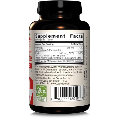 Jarrow Formulas Ultra Strength Methyl B-12 5000 mcg & Methyl Folate 800 mcg + P-5-P, Supplement for Cellular Energy Metabolism and Cardiovascular Support, 60 Chewable Tablets, 60 Day Supply, 12 Packs