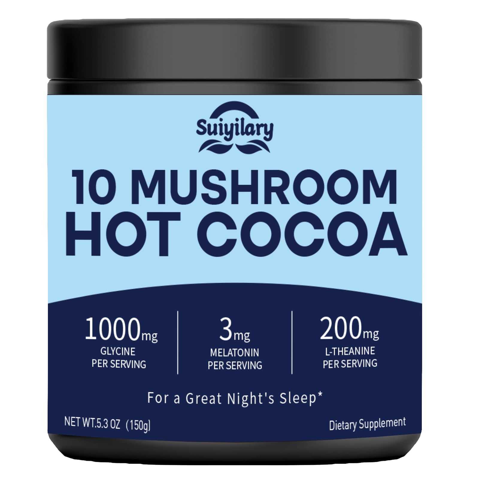 Suiyilary 10 Mushroom Hot Cocoa, 3mg Melatonin Sleep Supplement, Sugar Free Keto Cocoa Powder, Nighttime Drink, 1000mg Glycine, 200mg L-Theanine, Help Fall Asleep and Stay Asleep, 15 Servings
