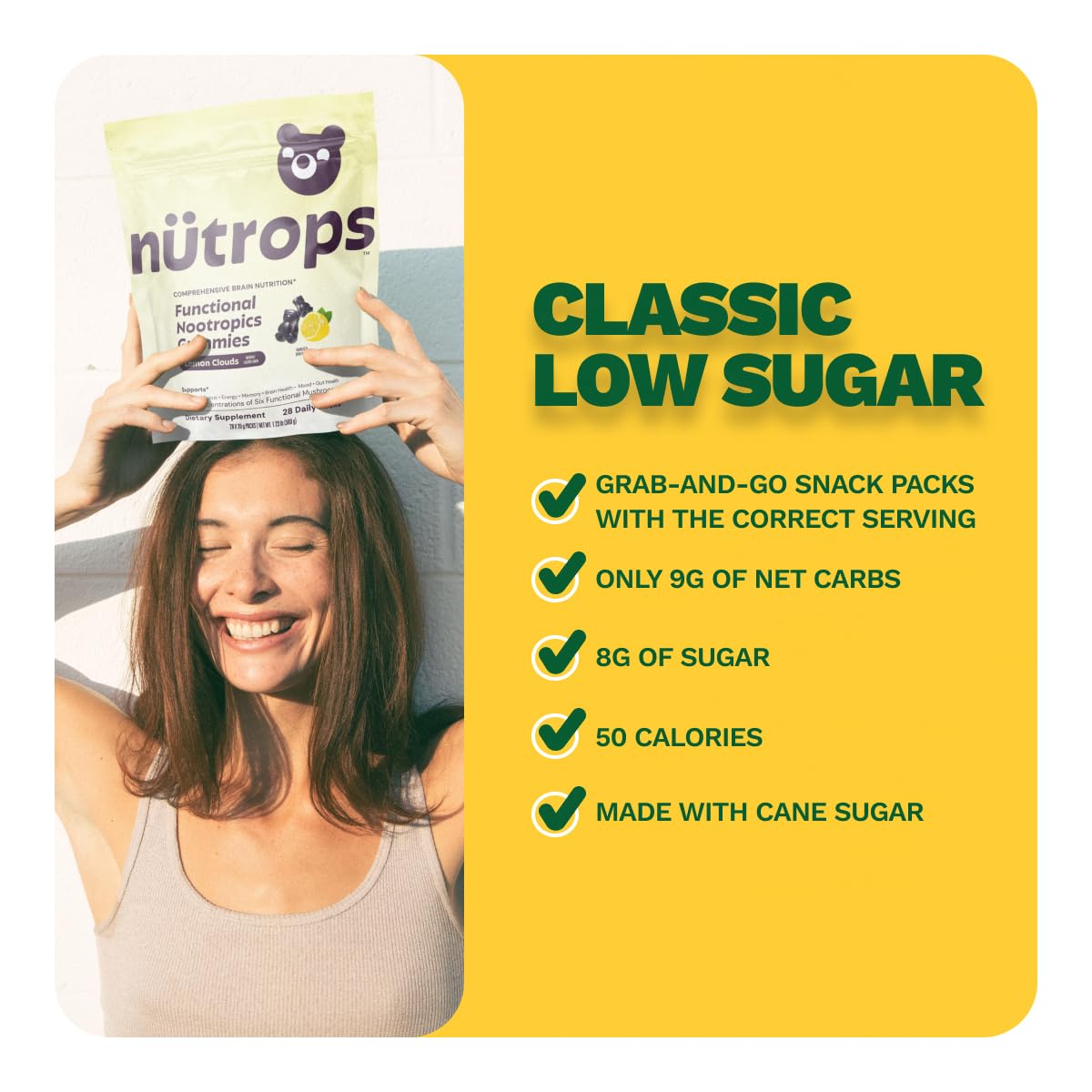 Nutrops Lions Mane Mushroom Gummies for adults, Functional Nootropics, Herbal Brain Supplement for Energy, Brain Health, Cognitive, Memory & Focus, Reishi, Chaga, Cordyceps, Coriolus, 28 daily Packs