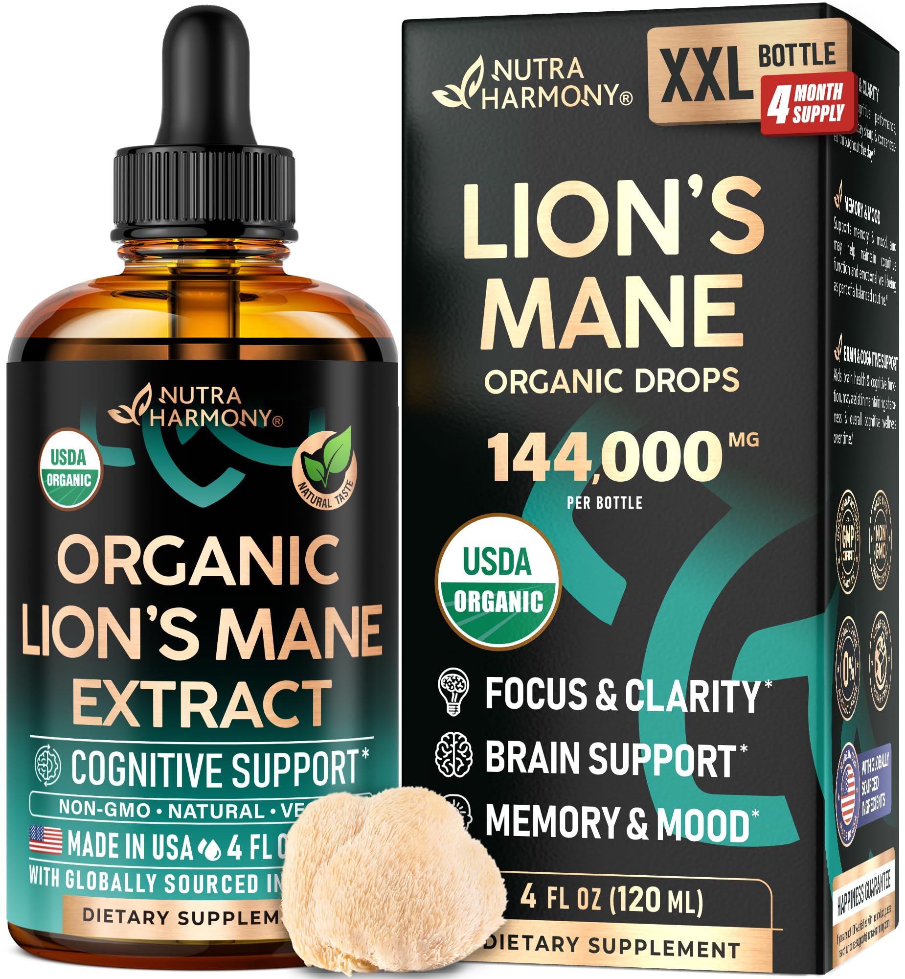 Lions Mane Liquid - USDA Certified Organic Lions Mane Supplement - Brain Support, Energy, Memory & Focus - Sugar & Alcohol-Free Lion's Mane Mushroom Extract 144,000 mg / Bottle, 4fl oz, 4 Month Supply
