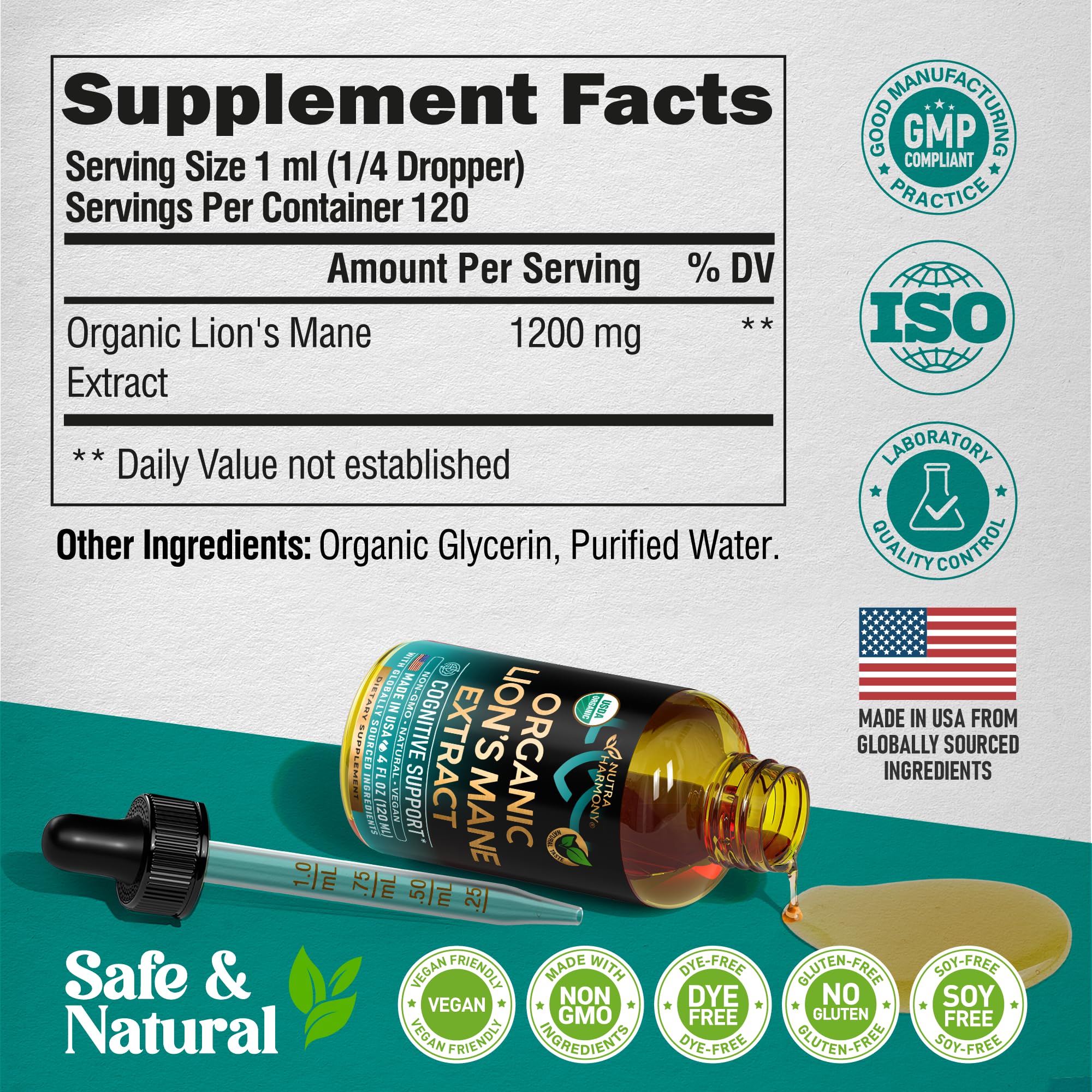 Lions Mane Liquid - USDA Certified Organic Lions Mane Supplement - Brain Support, Energy, Memory & Focus - Sugar & Alcohol-Free Lion's Mane Mushroom Extract 144,000 mg / Bottle, 4fl oz, 4 Month Supply