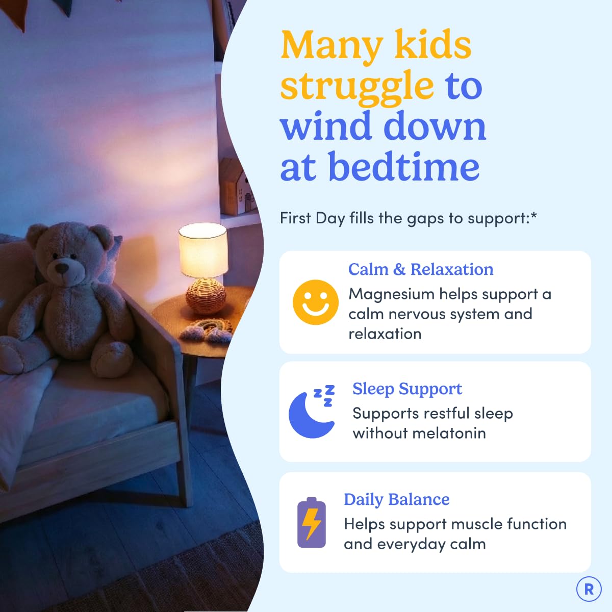 FIRST DAY Kids Magnesium Citrate Gummies (Ages 4+) with No Melatonin | Calm Kids Magnesium Gummies | Bedtime Supplement for Better Sleep with Suntheanine® L-Theanine | Strawberry | 30-Days Supply