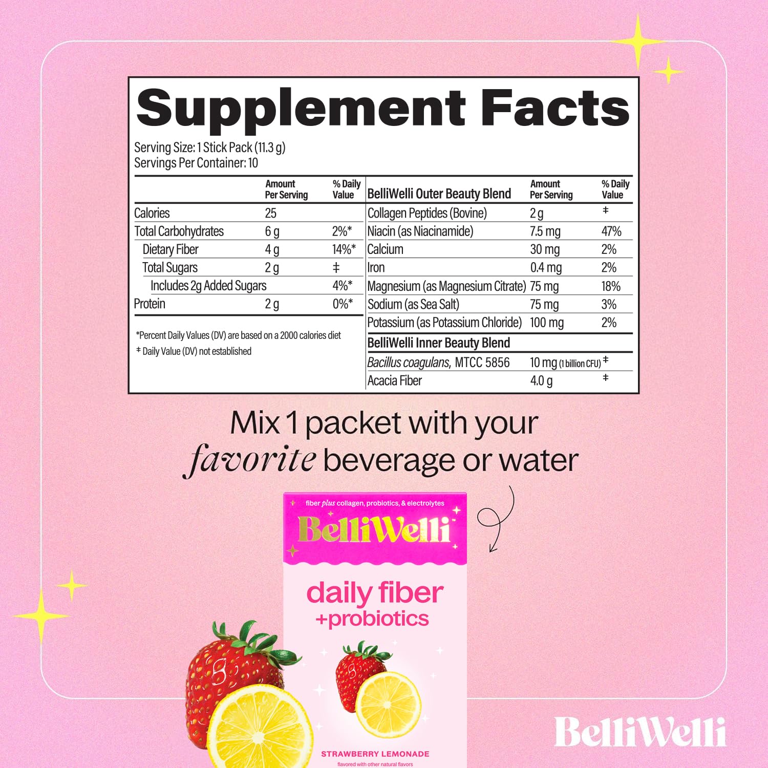 Belli Welli Daily Fiber Supplement Packets with Collagen, Probiotics & Electrolytes | Single Serve Packets for Gut Health, Digestion & Debloating | Strawberry Lemonade | 10 Count