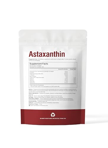 10 in 1 Astaxanthin Supplements 24mg, 4 Month Supply, Astaxantina Antioxidant from Fresh Haematococcus Pluvialis, Contains Lycopene, Grape Seed, Vitamin E, & More Supports Eye, Joints, Skin Health