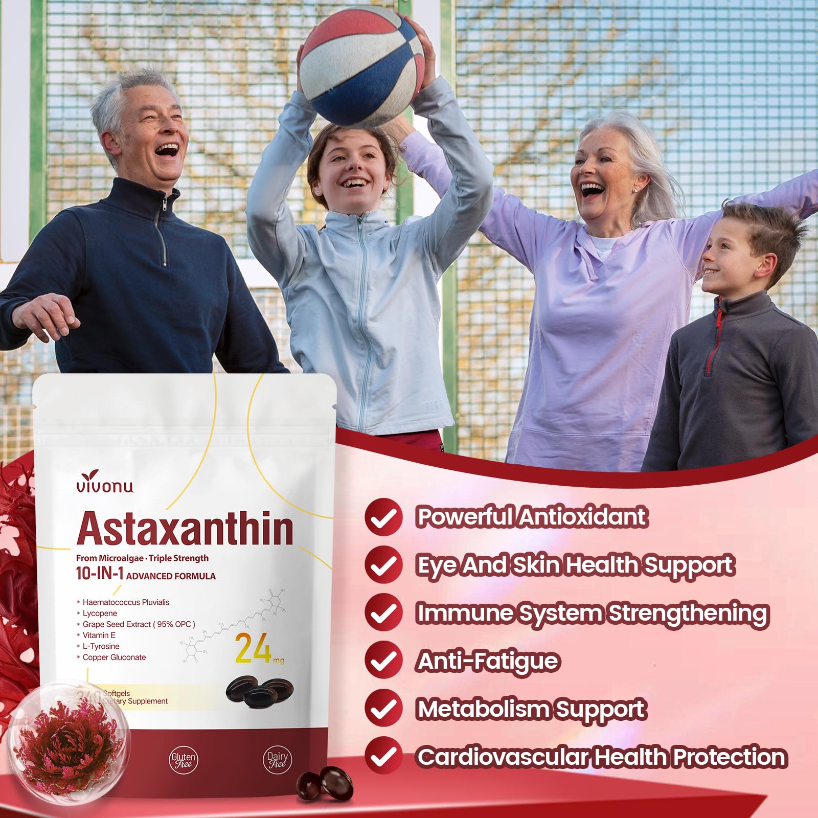 10 in 1 Astaxanthin Supplements 24mg, 4 Month Supply, Astaxantina Antioxidant from Fresh Haematococcus Pluvialis, Contains Lycopene, Grape Seed, Vitamin E, & More Supports Eye, Joints, Skin Health