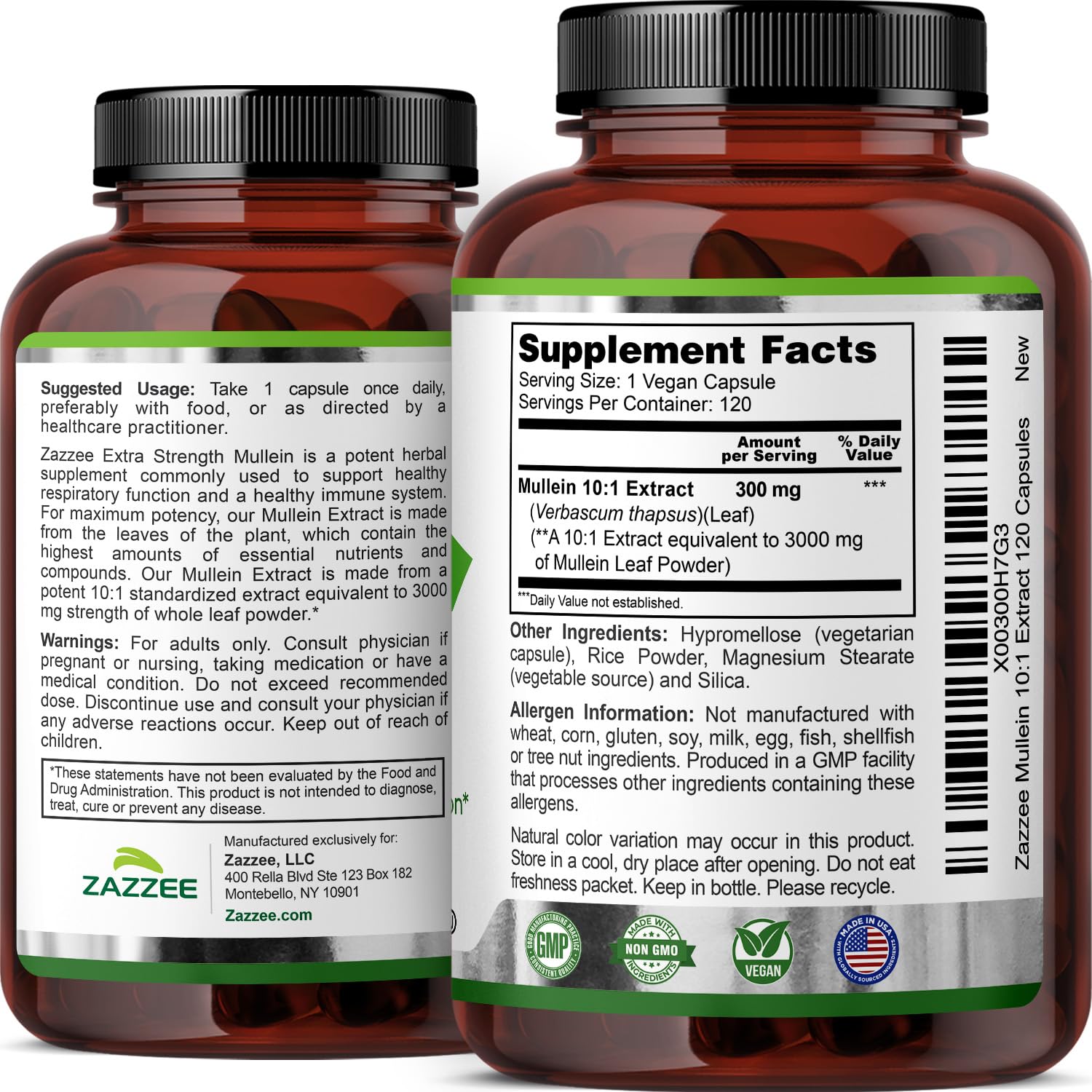 Zazzee Extra Strength Mullein Leaf 10:1 Extract, 120 Vegan Capsules, 4 Month Supply, Verbascum Thapsus, Respiratory & Lung Support, Certified Kosher, 100% Pure Leaf Powder, Non-GMO, Made in the USA