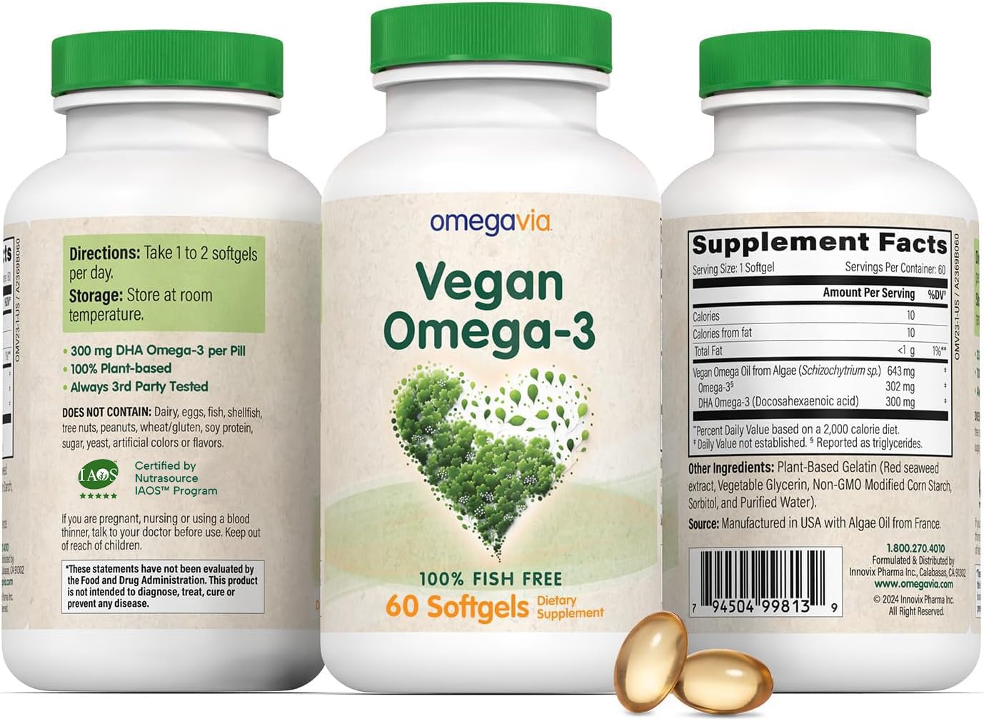 OmegaVia Vegan Omega 3 Supplement, Algae Omega 3 Fish Oil Alternative, 300mg Vegan DHA Fatty Acids, Plant Based, Planet and Ocean Friendly, IAOS 5 Star Tested, 60 Softgels