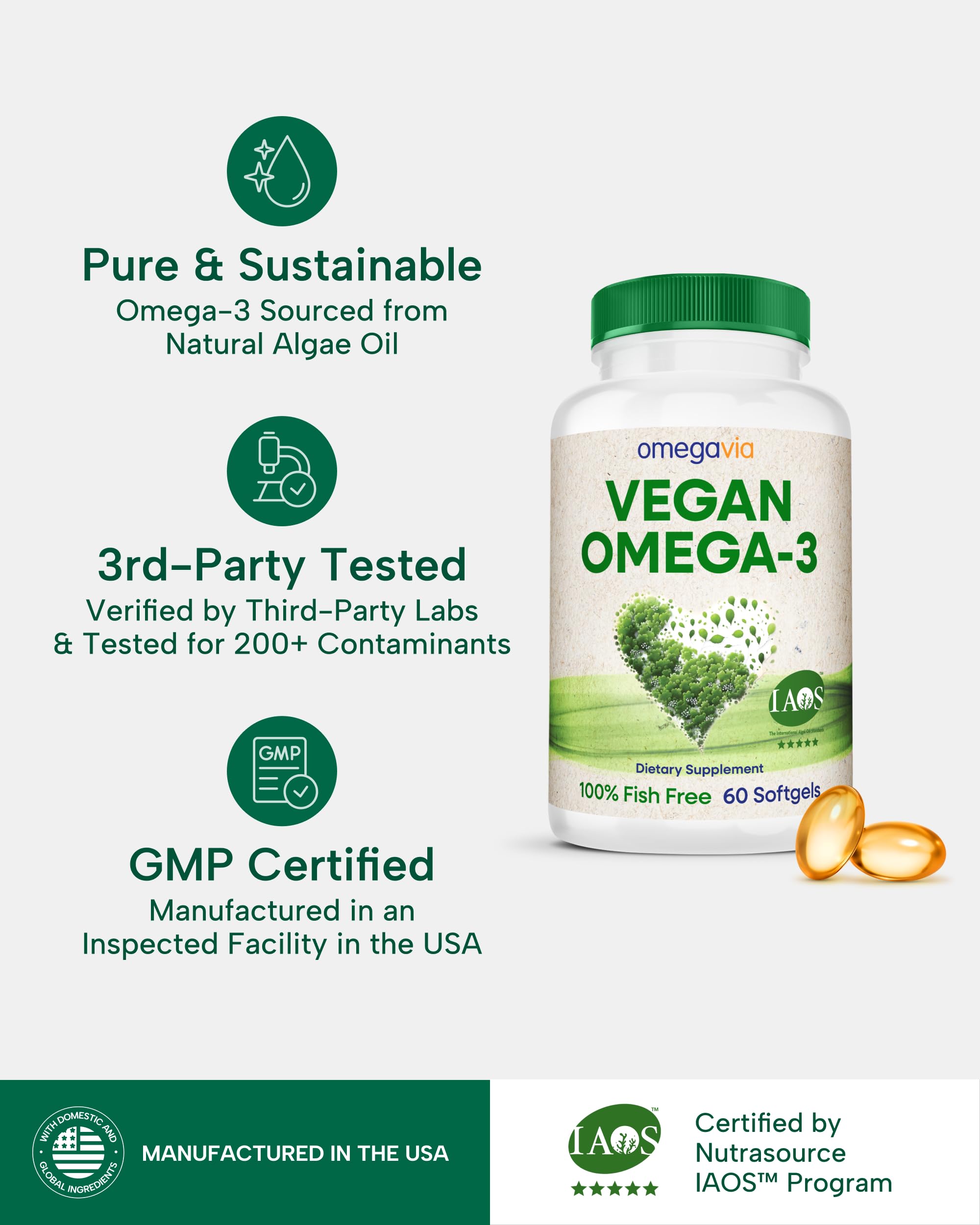 OmegaVia Vegan Omega 3 Supplement, Algae Omega 3 Fish Oil Alternative, 300mg Vegan DHA Fatty Acids, Plant Based, Planet and Ocean Friendly, IAOS 5 Star Tested, 60 Softgels