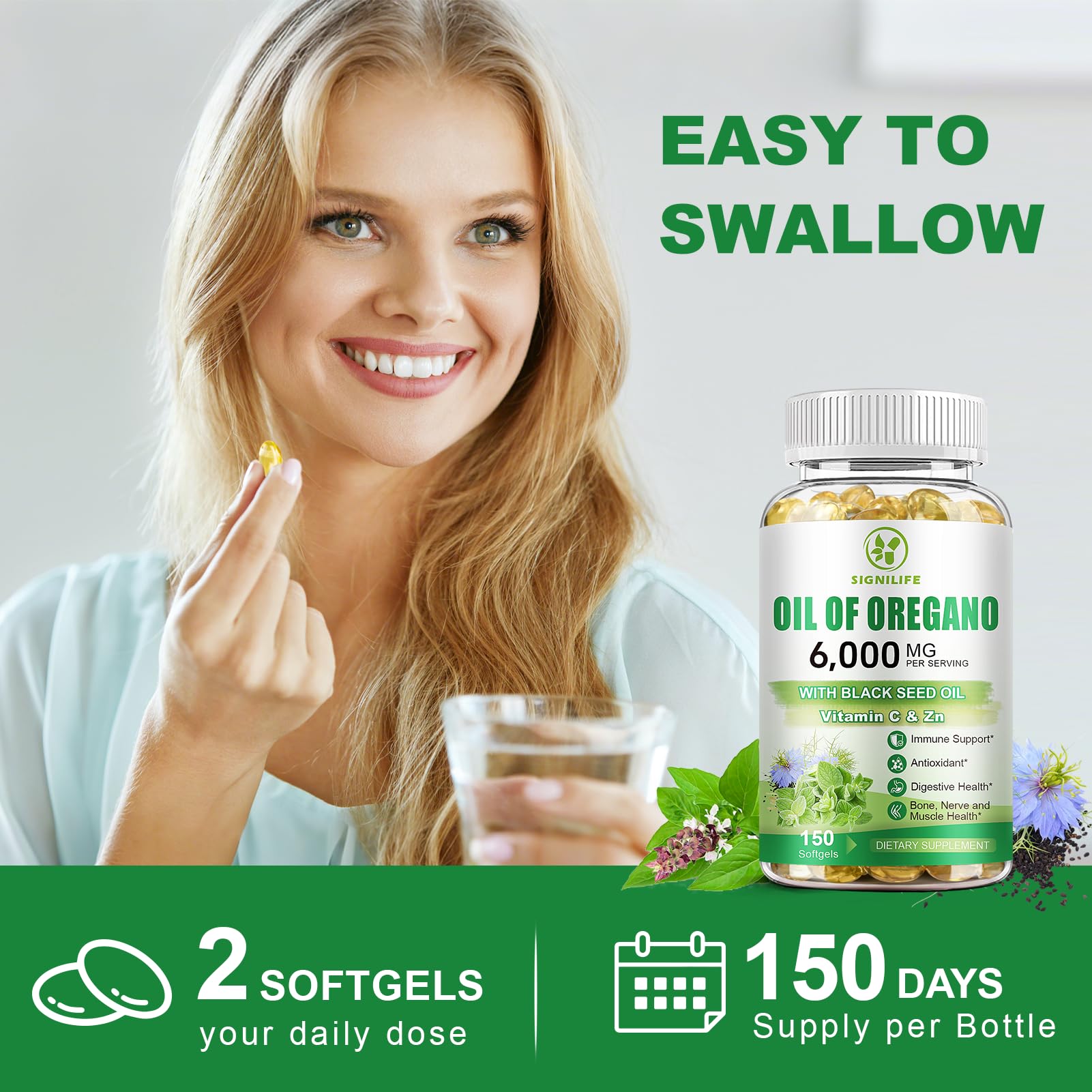 SIGNILIFE Oil of Oregano with Black Seed Oil, 6000mg Oregano Oil Capsules for Immune Support with High Carvacrol & Thymoquinone, Antioxidant, Non-GMO, Gluten Free, 300 Softgels