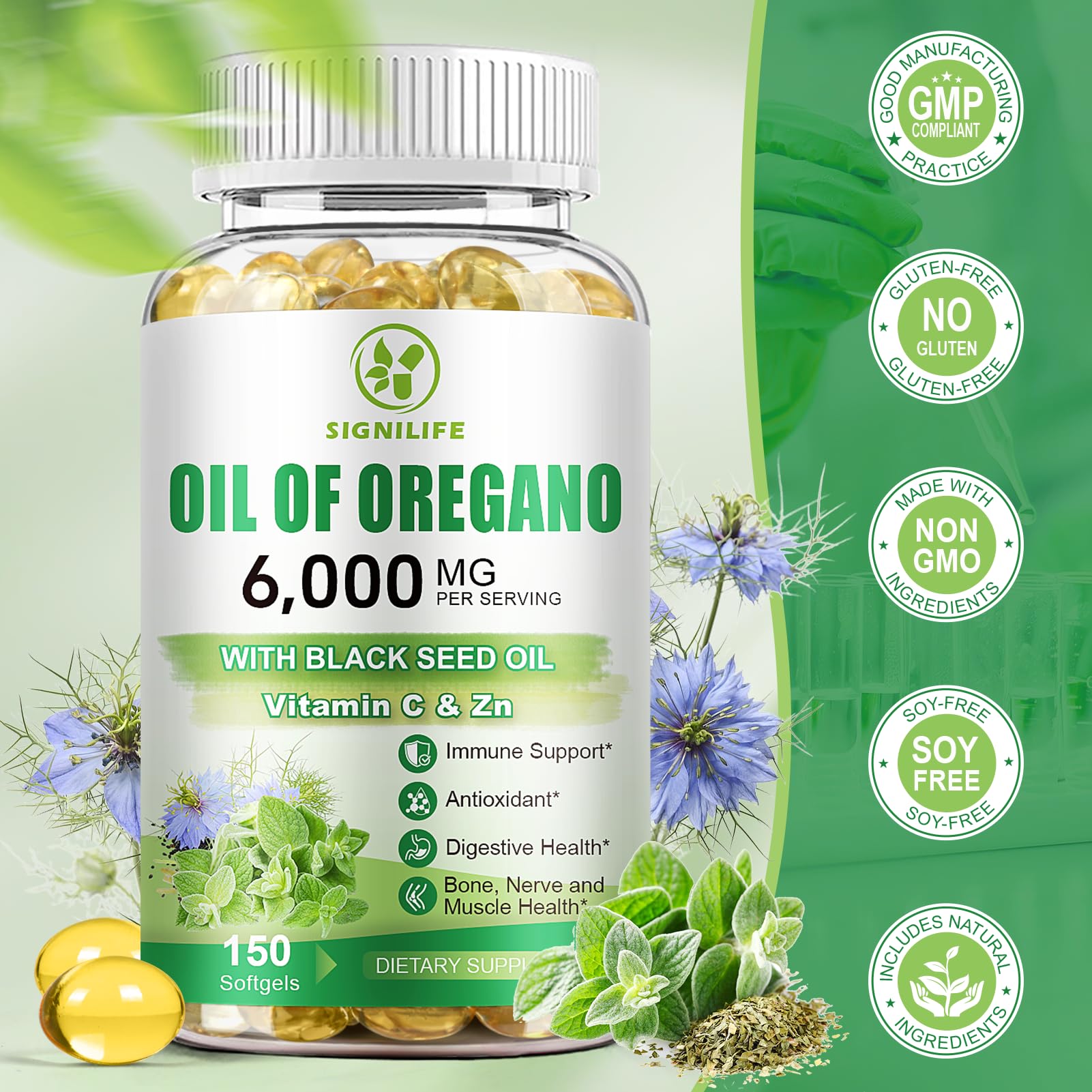 SIGNILIFE Oil of Oregano with Black Seed Oil, 6000mg Oregano Oil Capsules for Immune Support with High Carvacrol & Thymoquinone, Antioxidant, Non-GMO, Gluten Free, 300 Softgels