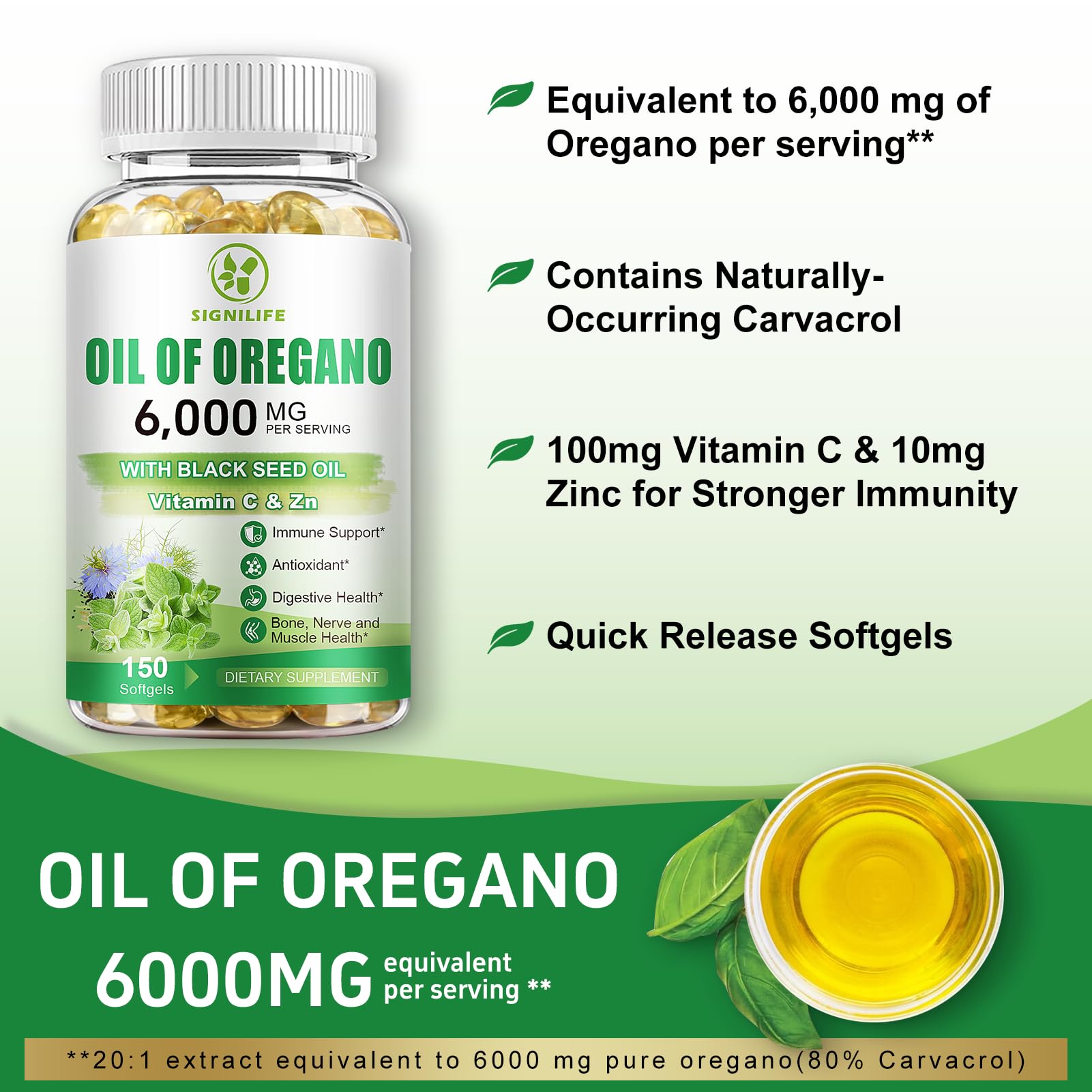SIGNILIFE Oil of Oregano with Black Seed Oil, 6000mg Oregano Oil Capsules for Immune Support with High Carvacrol & Thymoquinone, Antioxidant, Non-GMO, Gluten Free, 300 Softgels