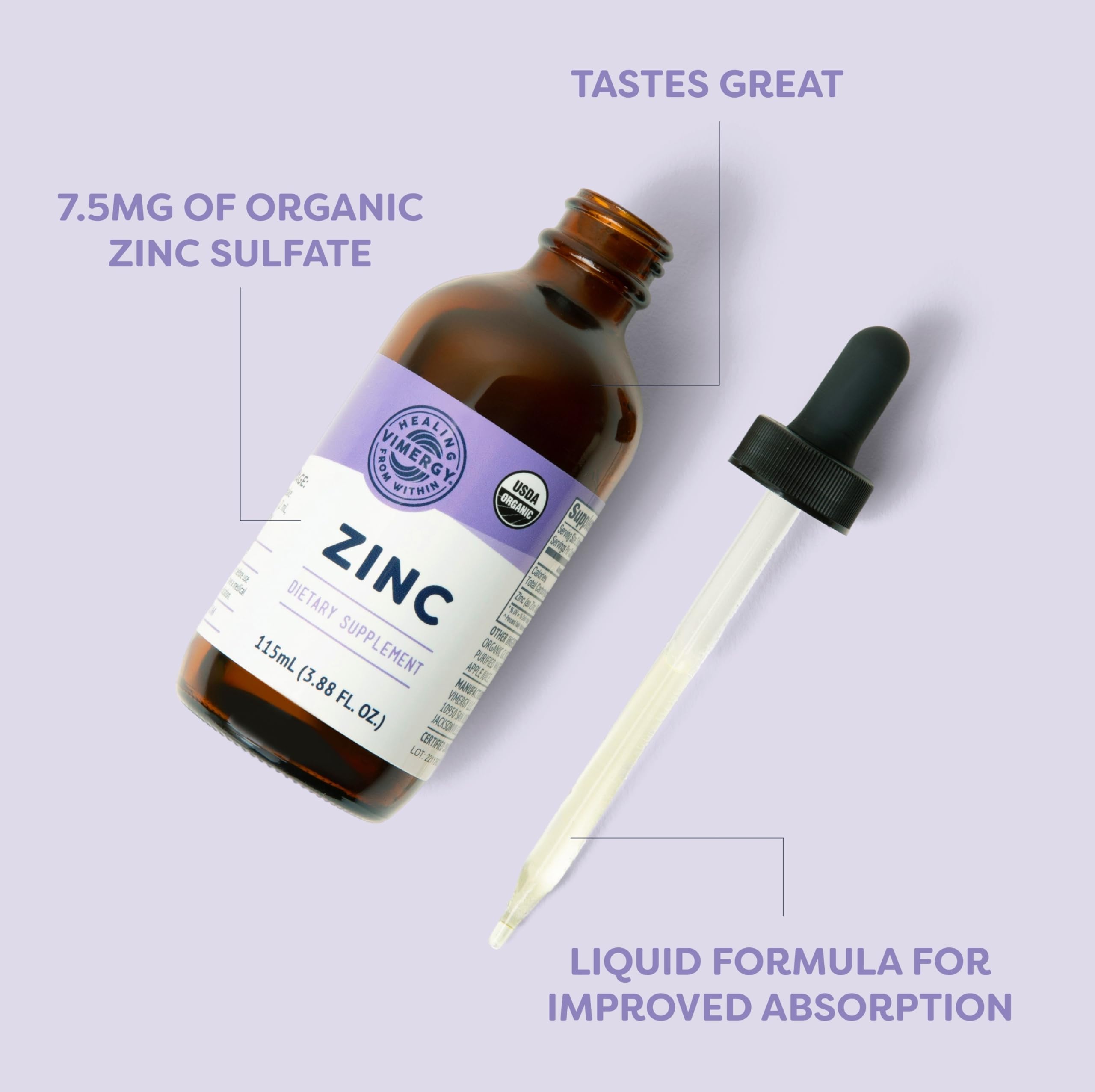VIMERGY USDA Organic Zinc Supplements for Women & Men (7.5mg Liquid Zinc Per Serving) Fast-Absorbing Immune Support, Promotes Healthy Bones & Skin, Vegan, Up to 57 Servings (115 mL)