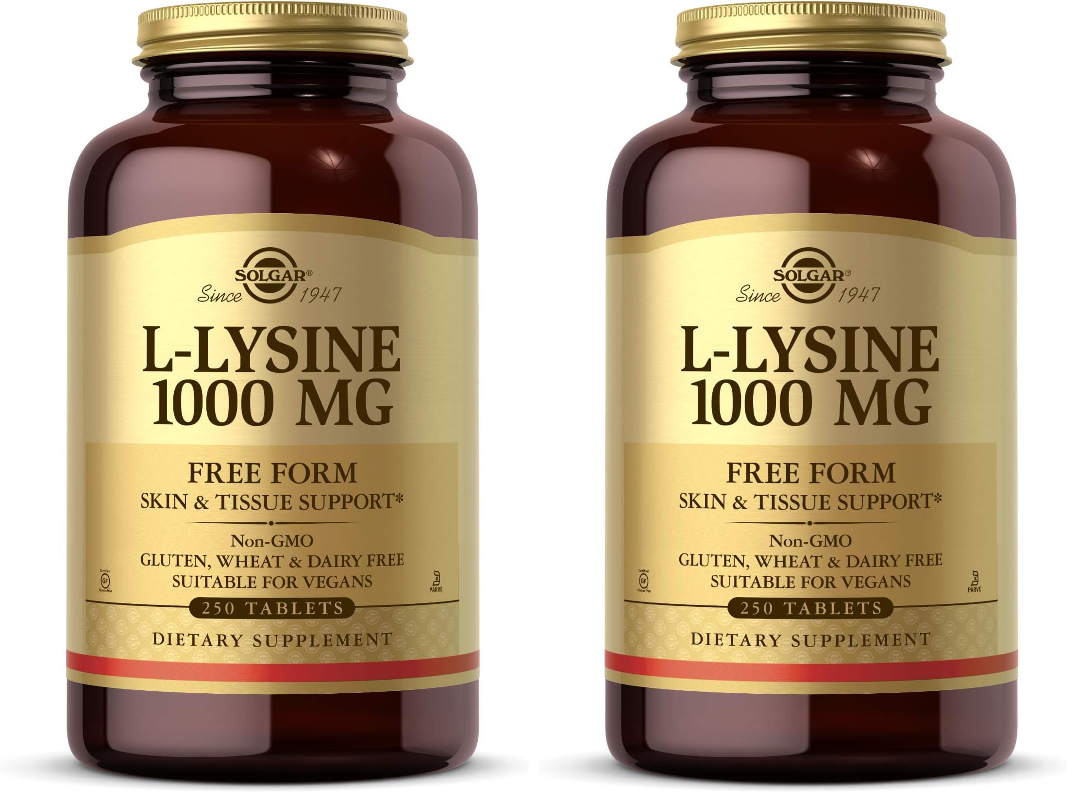 Solgar L-Lysine 1000 mg, 250 Tablets - Enhanced Absorption and Assimilation - Promotes Integrity of Skin and Lips - Collagen Support - Amino Acids - Non-GMO, Vegan, Gluten Free-250 Servings(Pack of 2)