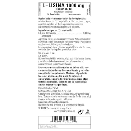 Solgar L-Lysine 1000 mg, 250 Tablets - Enhanced Absorption and Assimilation - Promotes Integrity of Skin and Lips - Collagen Support - Amino Acids - Non-GMO, Vegan, Gluten Free-250 Servings(Pack of 2)