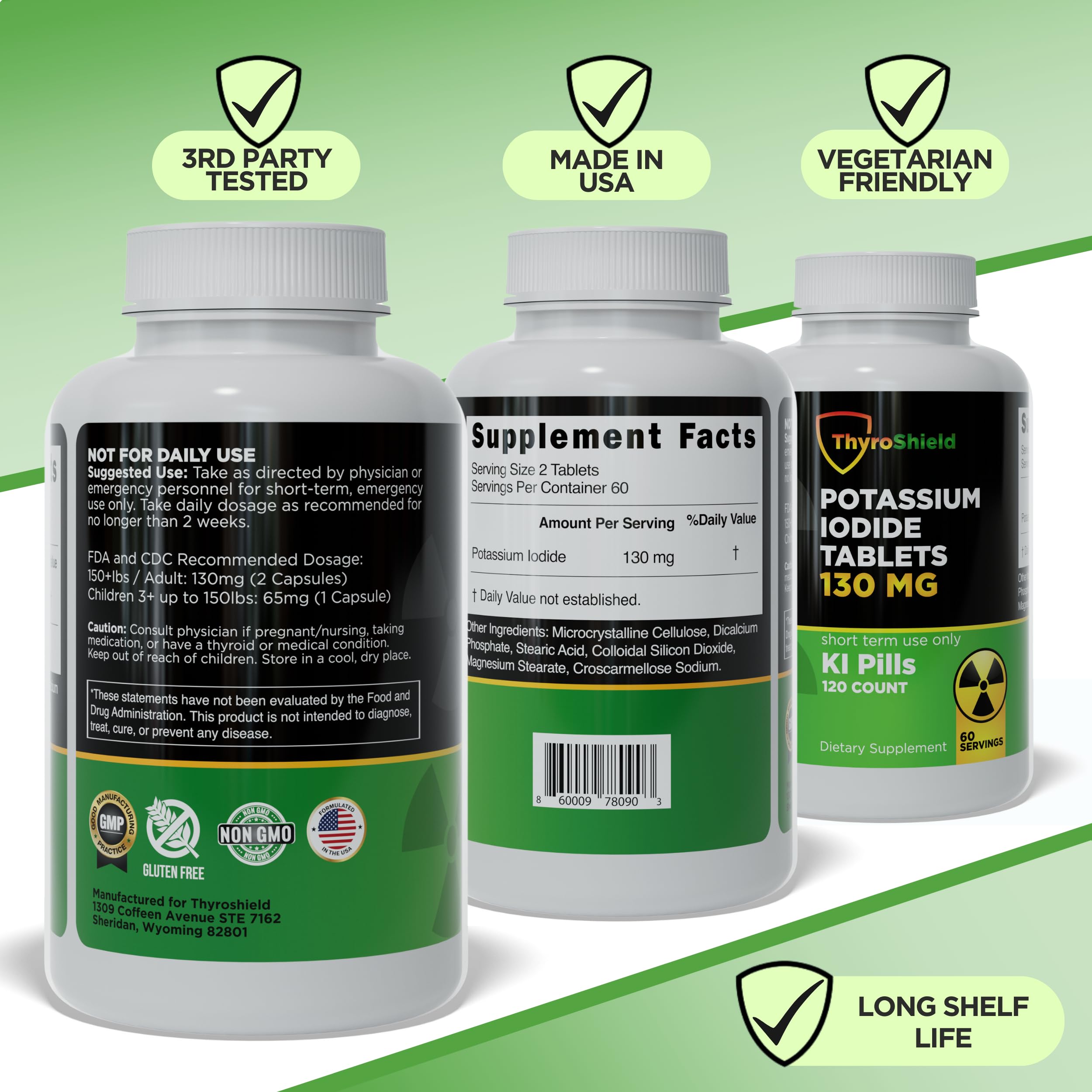 ThyroShield Potassium Iodide Tablets - 130mg Iodine Tablets for Radiation Exposure | USA Made Nuclear Fallout Pills KI Pills YODO Naciente 120 Tablets (2 Pack)