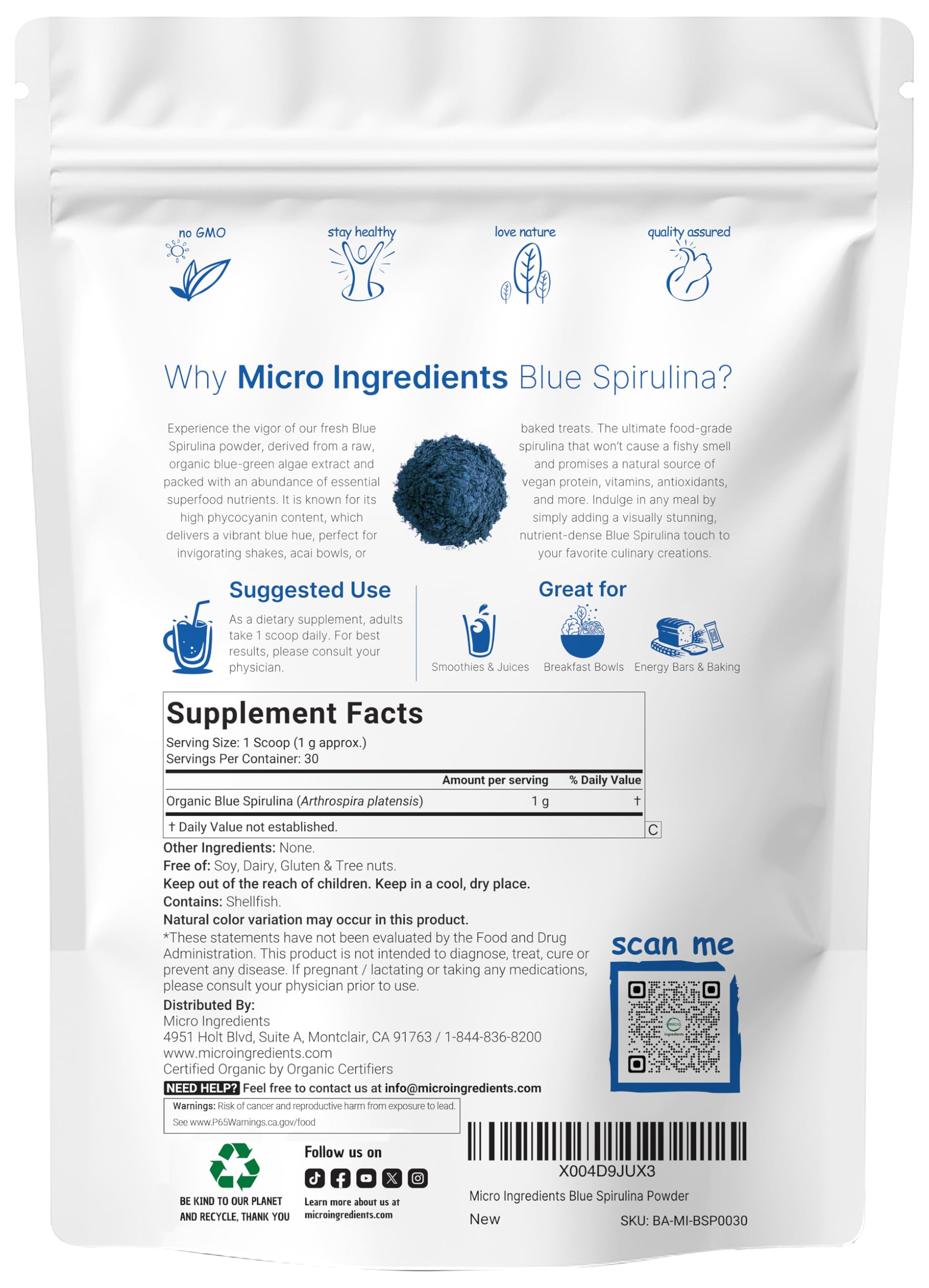 Organic Blue Spirulina Powder (Phycocyanin Extract), 30 Servings - No Fishy Smell, 100% Vegan Protein from Blue-Green Algae, Natural Luminous Food Coloring for Smoothies, Baking, Drinks & Cooking