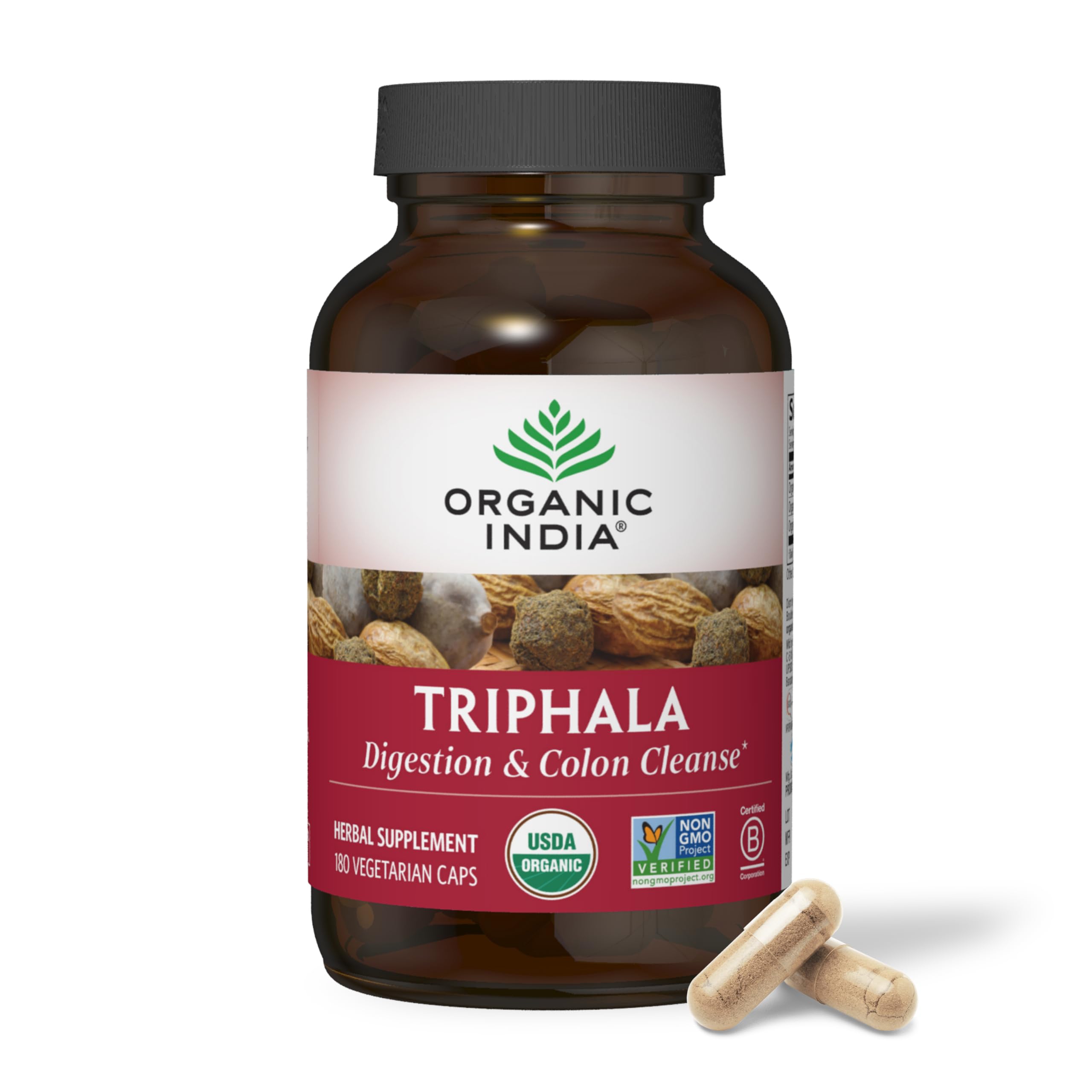 ORGANIC INDIA Triphala Capsules Organic - Herbal Supplement with Amla, Bibhitaki, Haritaki, Digestion & Colon Support, Immune System Support, Adaptogen, Vegan, USDA Certified Organic - 180 Capsules