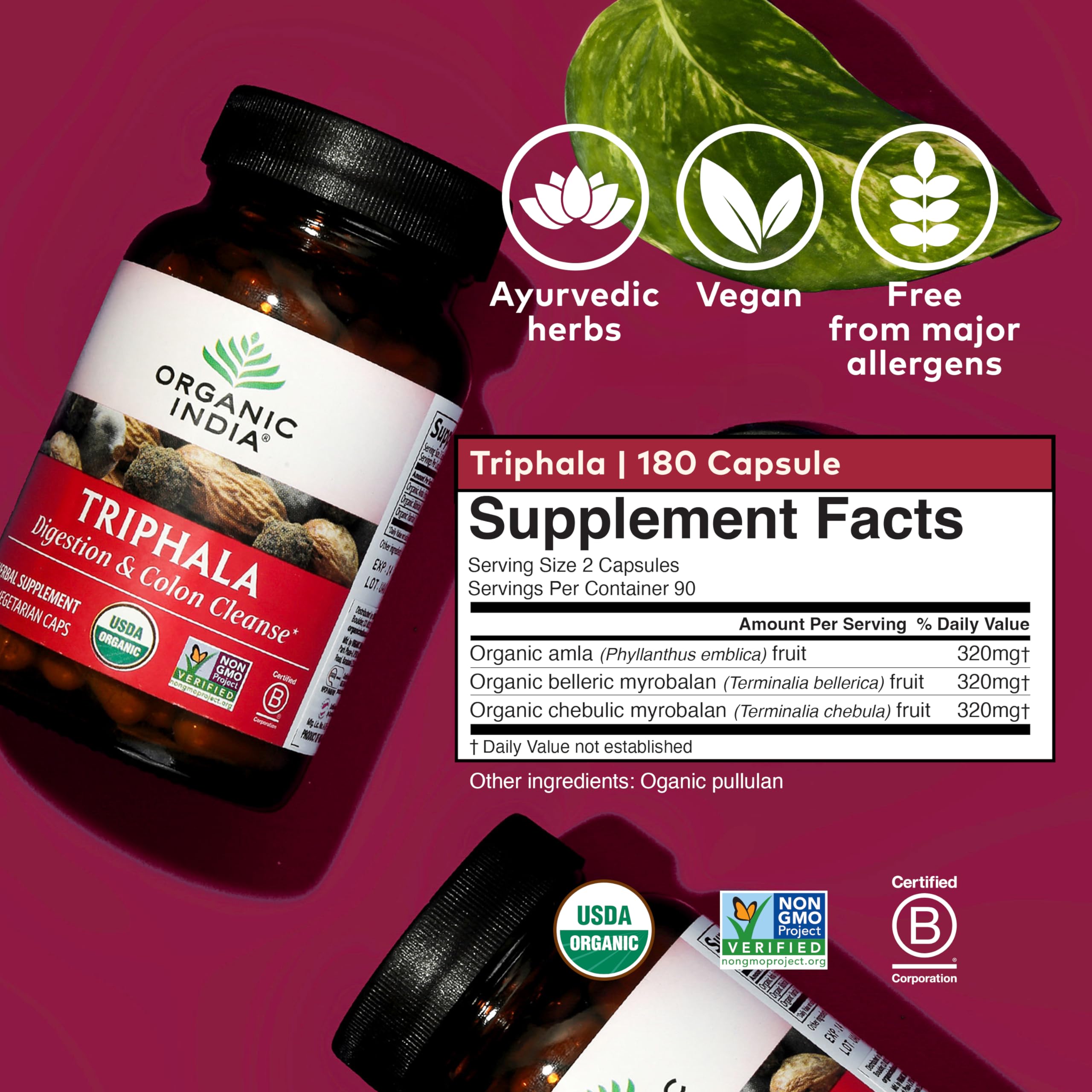 ORGANIC INDIA Triphala Capsules Organic - Herbal Supplement with Amla, Bibhitaki, Haritaki, Digestion & Colon Support, Immune System Support, Adaptogen, Vegan, USDA Certified Organic - 180 Capsules