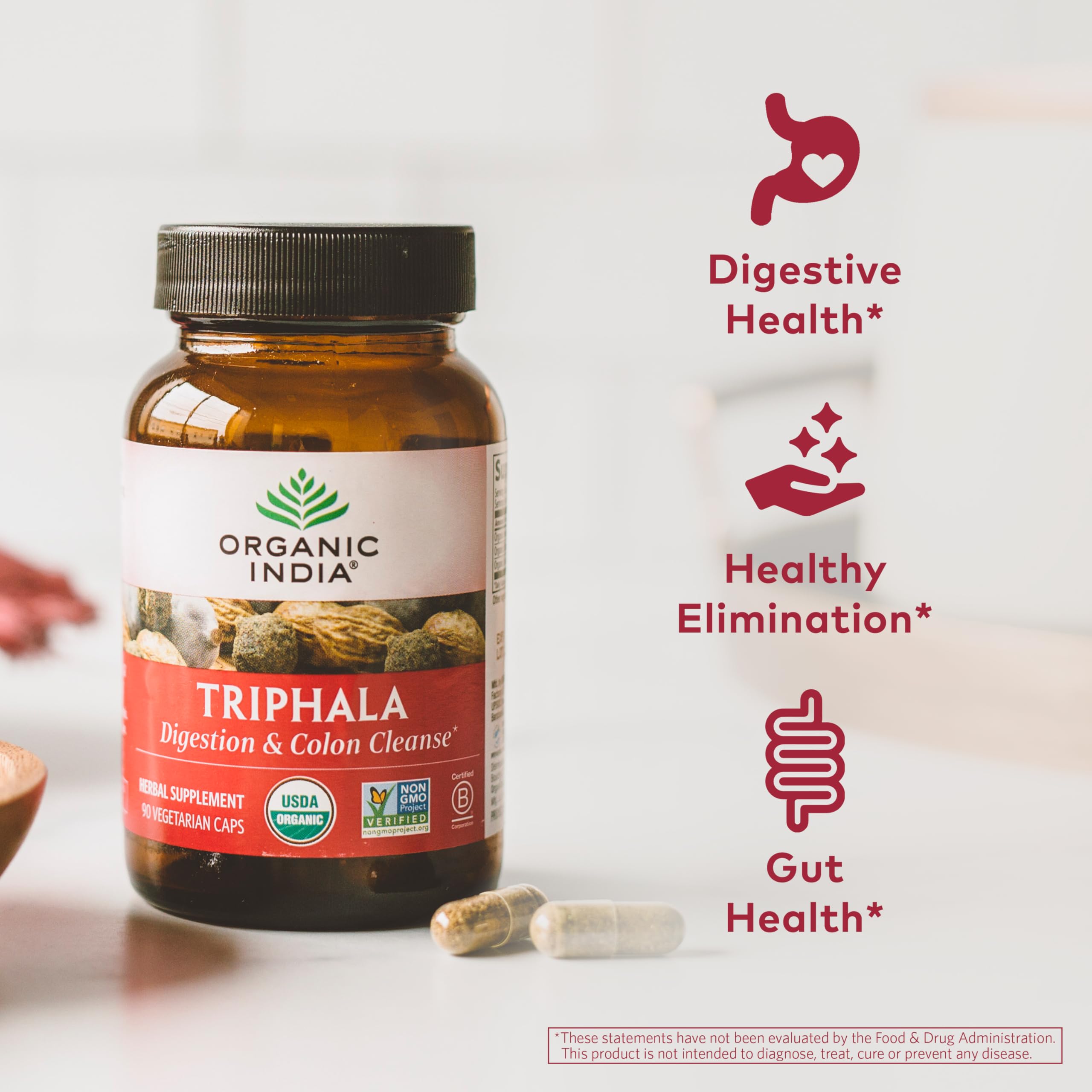 ORGANIC INDIA Triphala Capsules Organic - Herbal Supplement with Amla, Bibhitaki, Haritaki, Digestion & Colon Support, Immune System Support, Adaptogen, Vegan, USDA Certified Organic - 180 Capsules