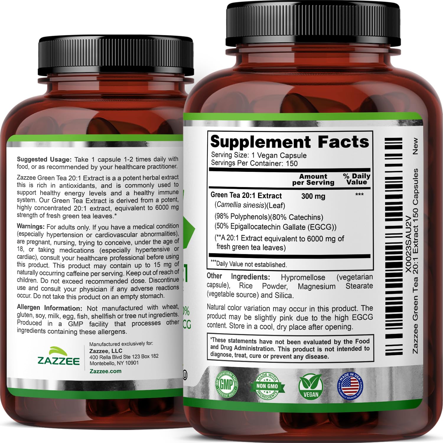 Zazzee Extra Strength Green Tea Extract 20:1, 6000 mg Equivalent, 50% EGCG, 98% Polyphenols, 80% Catechins, 150 Vegan Capsules, Certified Kosher, 5 Month Supply, Antioxidant Support, Made in The USA