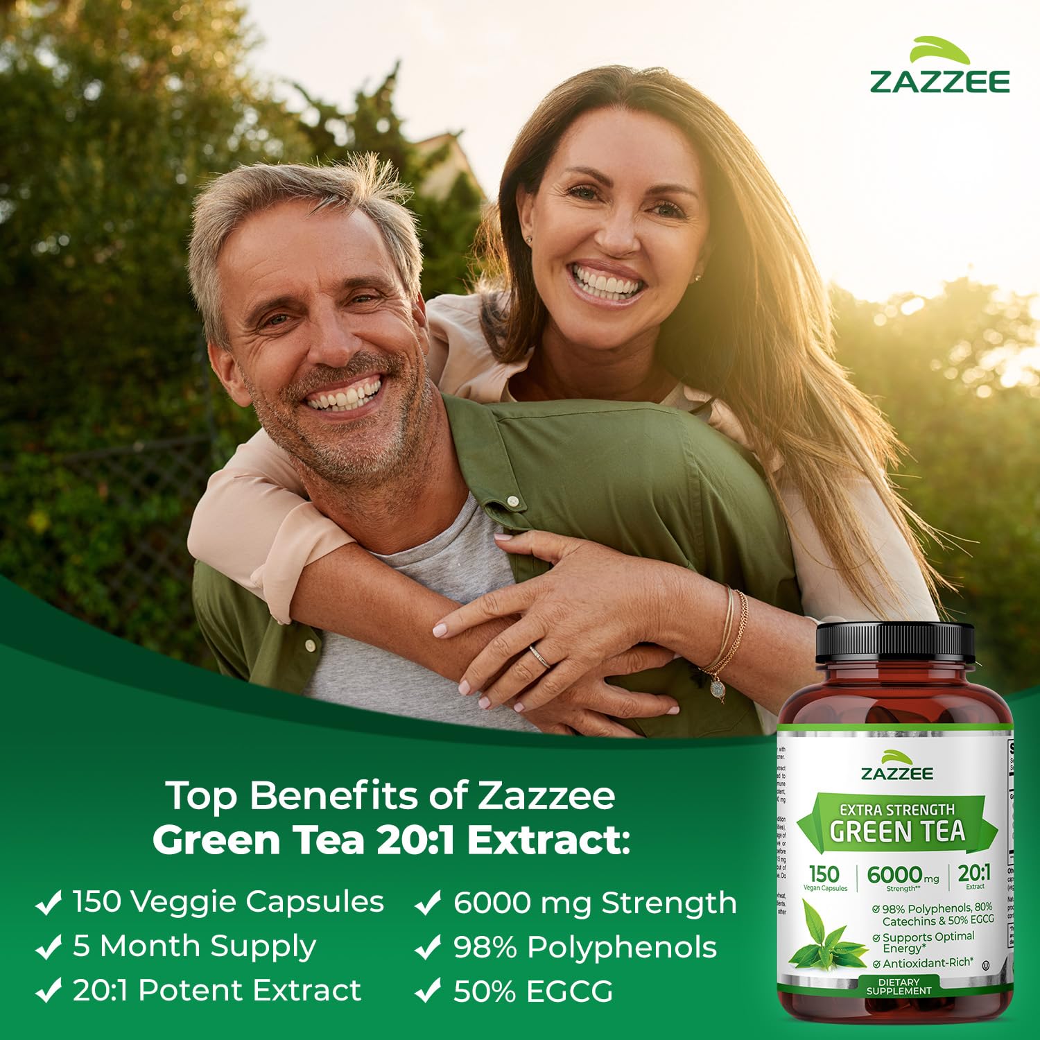 Zazzee Extra Strength Green Tea Extract 20:1, 6000 mg Equivalent, 50% EGCG, 98% Polyphenols, 80% Catechins, 150 Vegan Capsules, Certified Kosher, 5 Month Supply, Antioxidant Support, Made in The USA