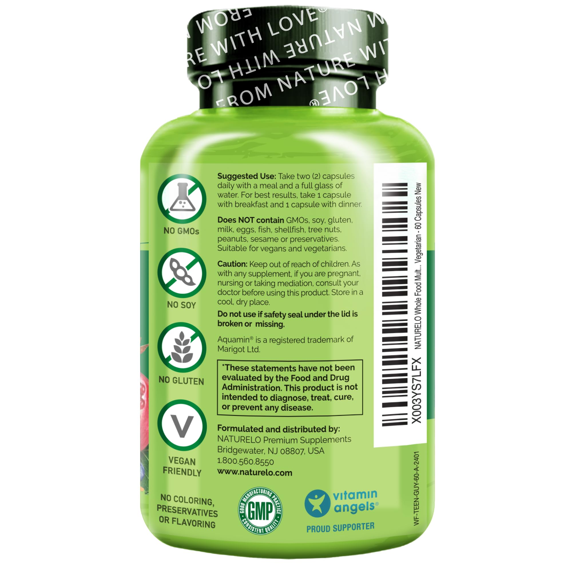 NATURELO Teen Multivitamin - Whole Food Multivitamin for Teenage Boys - Minerals Supplement for Active Kids - with Plant Extracts - Non-GMO - Vegan & Vegetarian - 60 Capsules