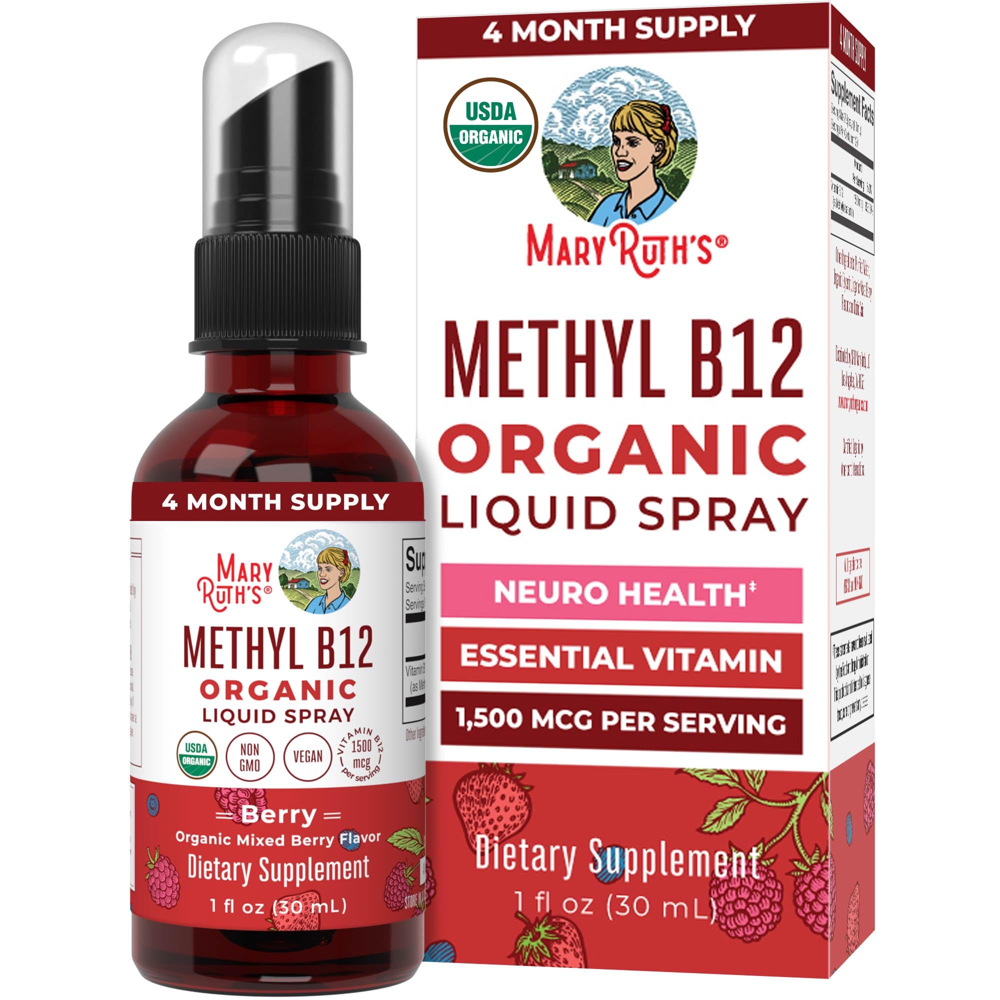 MARYRUTH'S Organic Methyl B12 Spray | 1,500 mcg B12 Per Serving | Methylcobalamin | Energy Metabolism | Cognitive Function | Neuro Health | Vegan | Gluten Free | Sugar Free | 1 Fl Oz